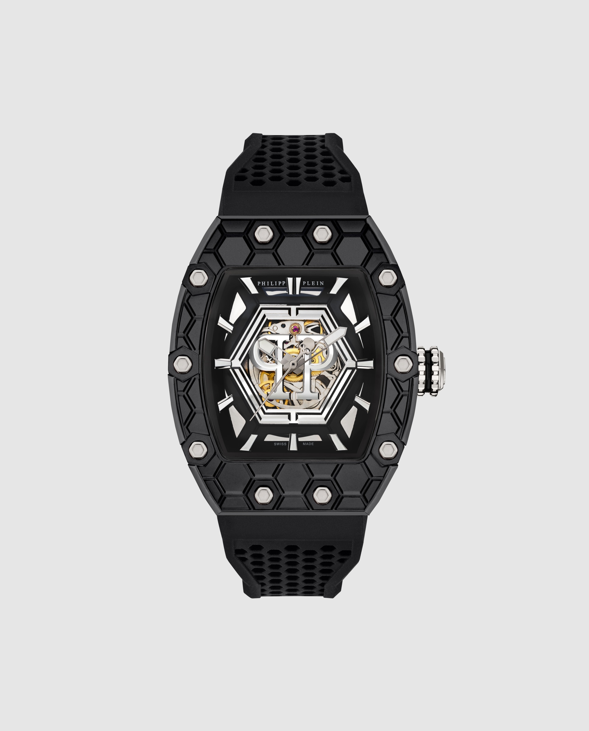 Imagen 0 de Reloj de hombre crypto king hexagon pwqaa1024 automático de silicona y correa negra Negro