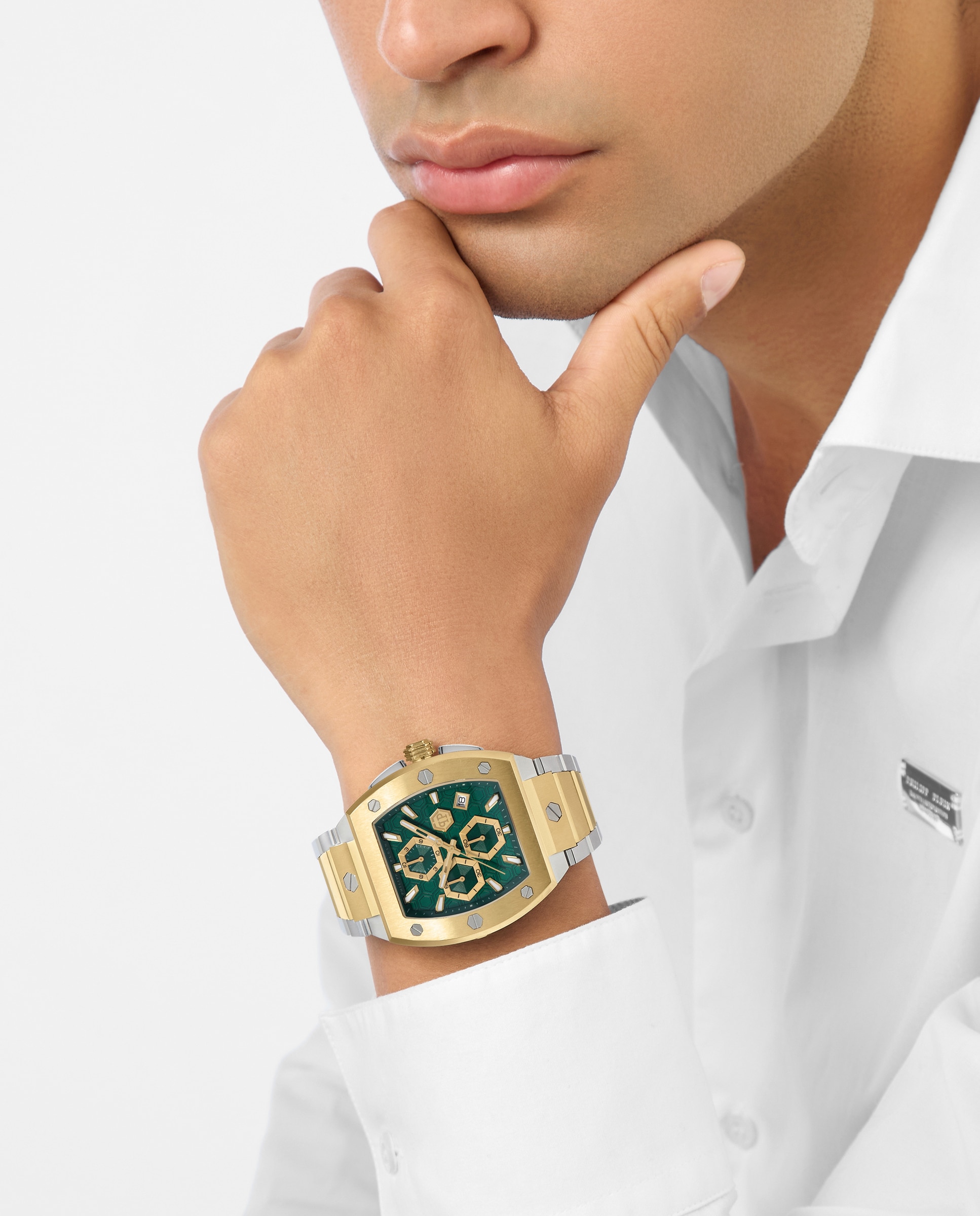 Reloj de hombre hexagon phantom chrono pwhha0526 de acero y correa dorada - Philipp Plein - Plata Plata-4