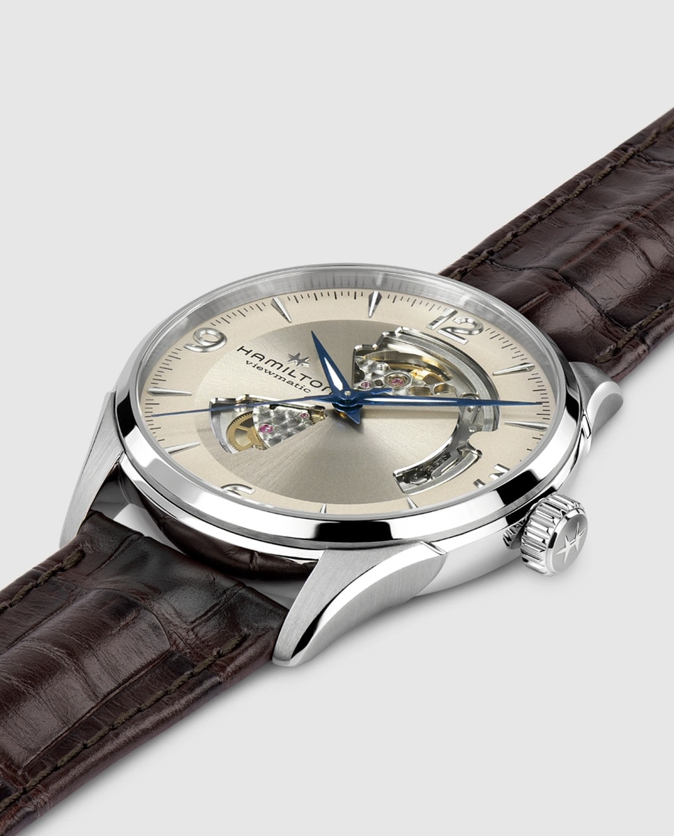 Reloj de hombre automático Jazzmaster Open Heart de 42 mm H32705521 con correa de piel Marrón-3