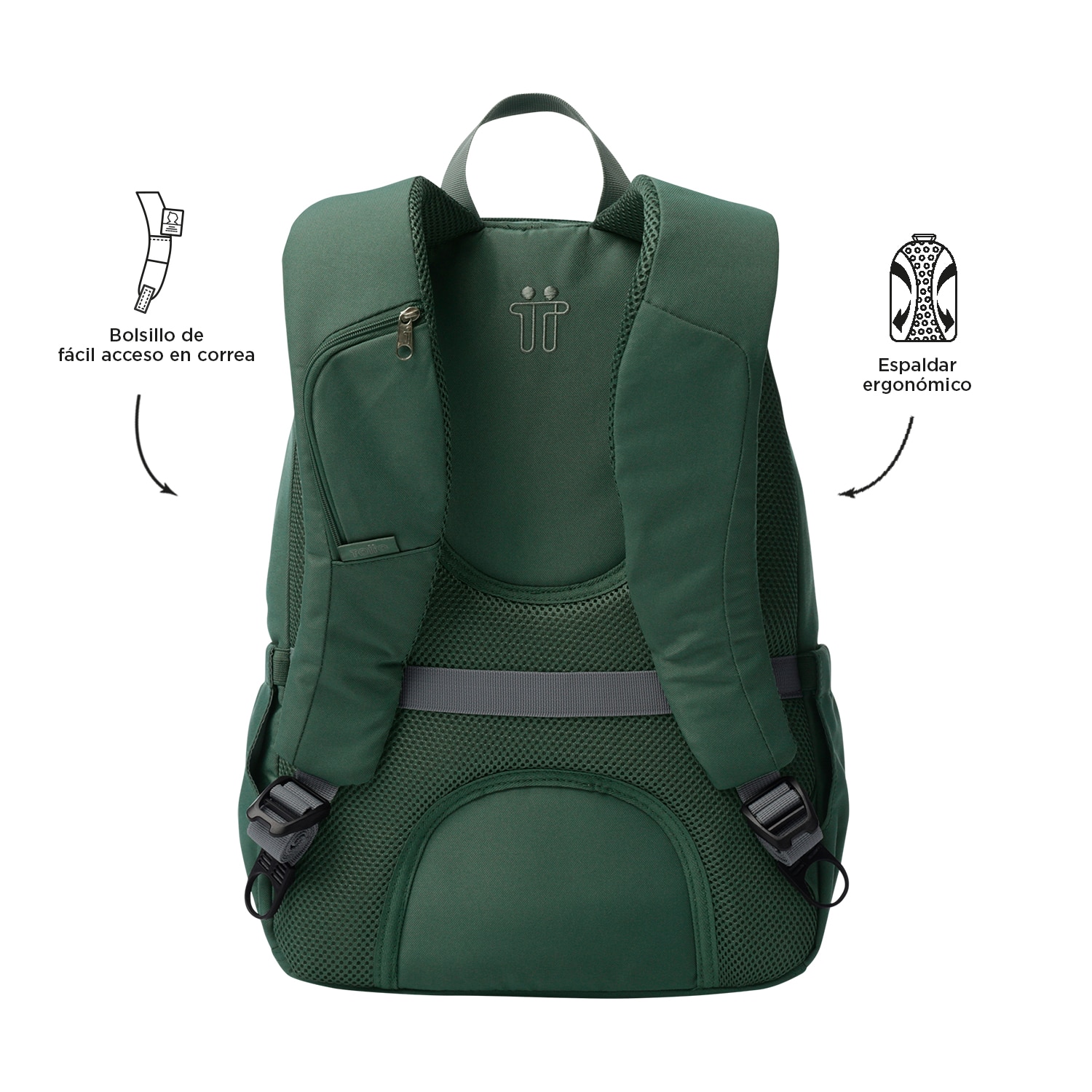 Mochila urbana totto goctal 2.0 para portátil de 14” y bolsillo para botella Verde oscuro-4