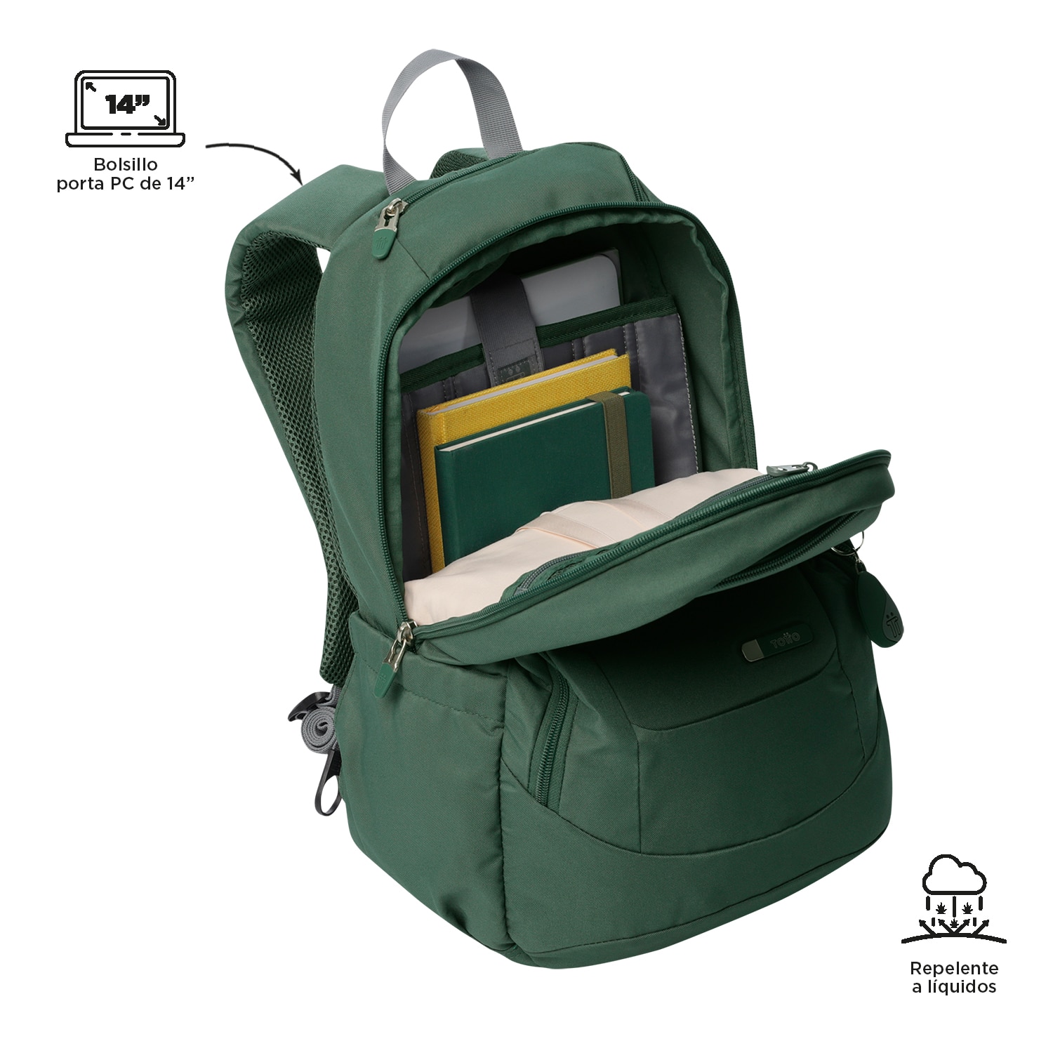 Mochila urbana totto goctal 2.0 para portátil de 14” y bolsillo para botella Verde oscuro-5