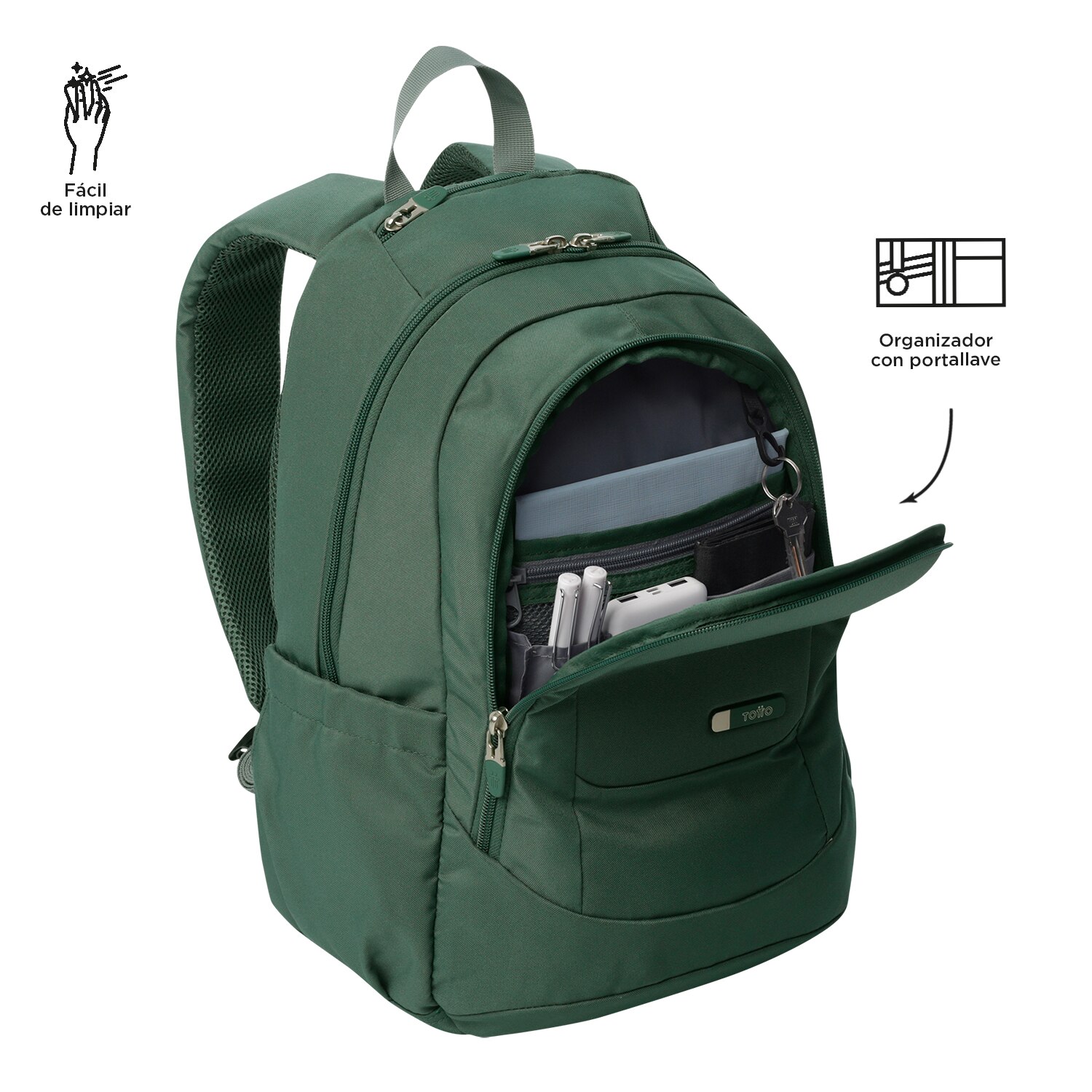 Mochila urbana totto goctal 2.0 para portátil de 14” y bolsillo para botella Verde oscuro-6