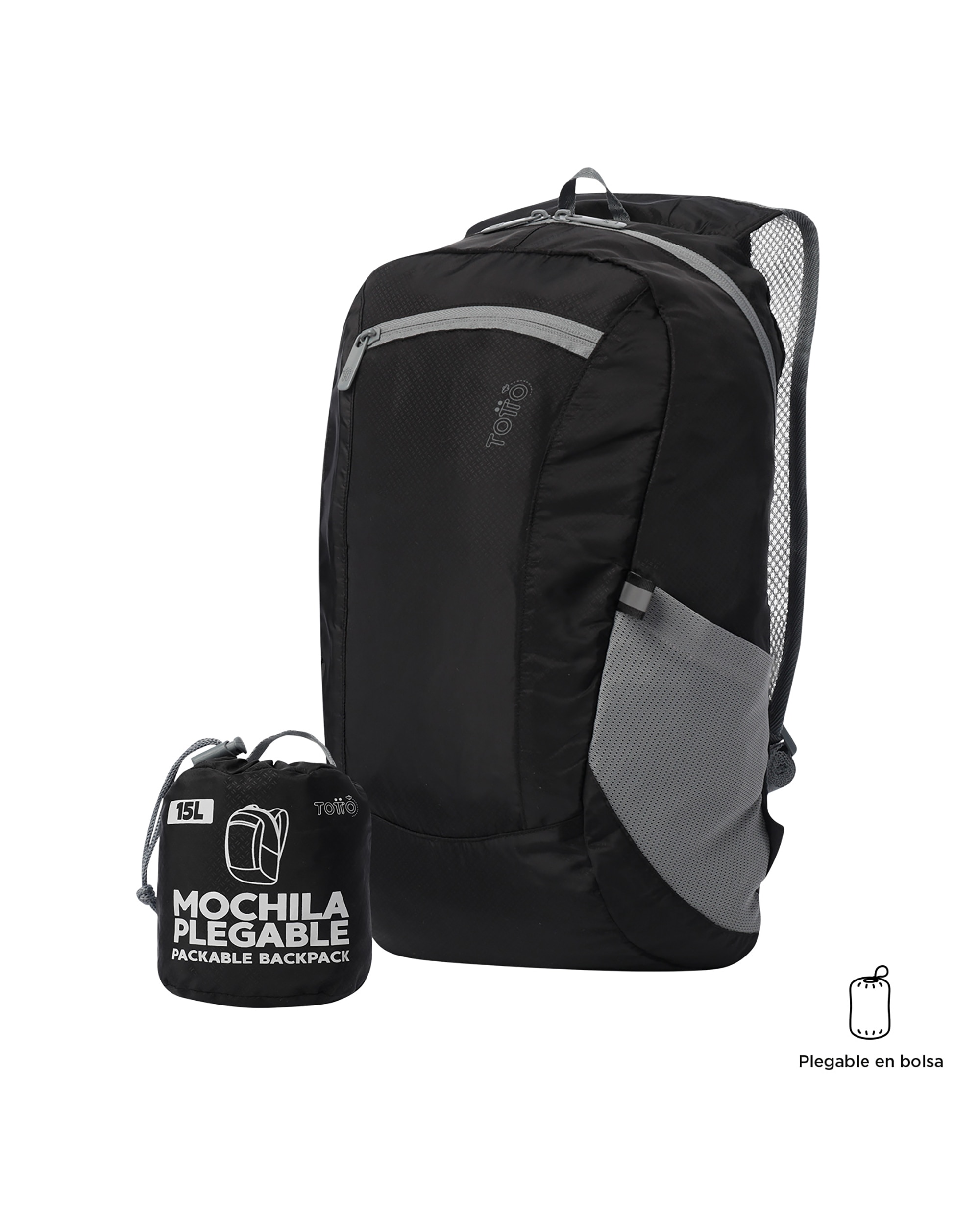 Mochila grande Plegable Troker 15 con capacidad 15 L - Totto - Negro Negro-2