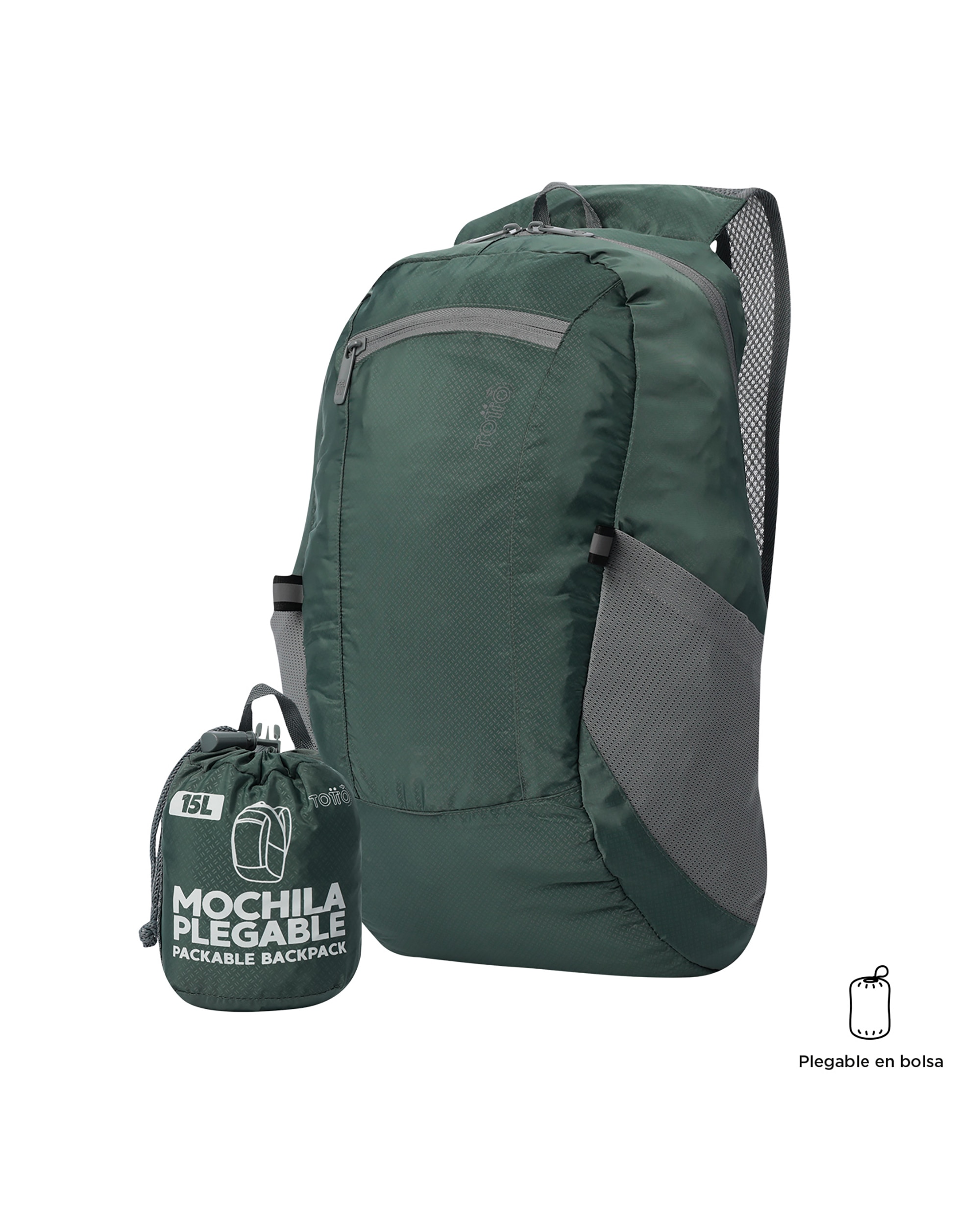 Mochila grande Plegable Troker 15 con capacidad 15 L - Totto - Verde oscuro Verde oscuro-2