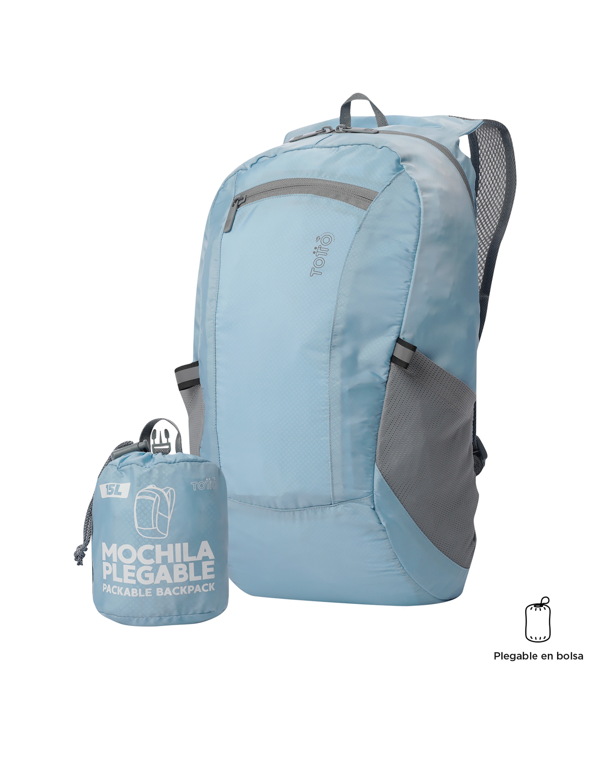 Mochila grande Plegable Troker 15 con capacidad 15 L - Totto - Azul claro Azul claro-2