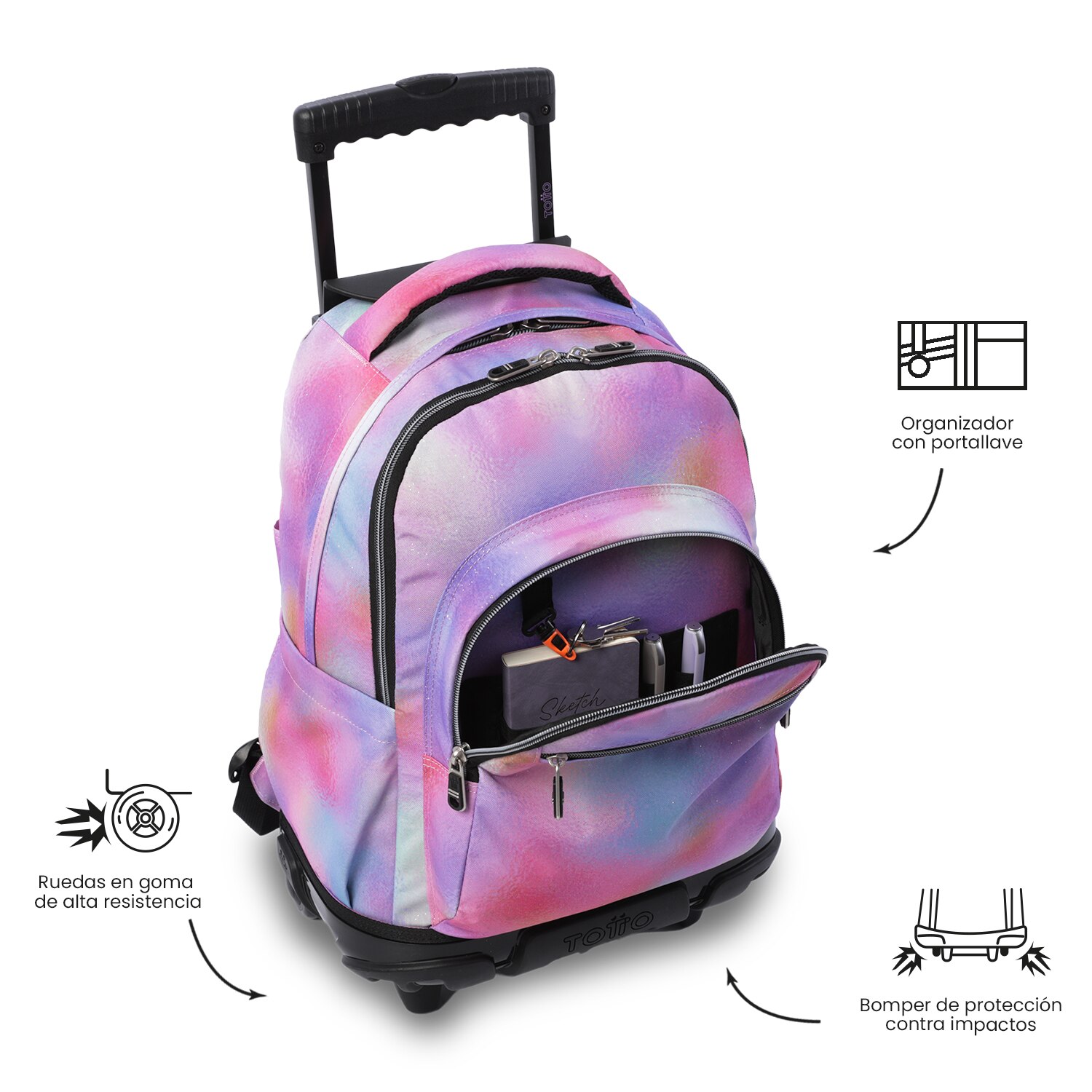 Mochila escolar ruedas Totto Renglones Glitter Rosa-7