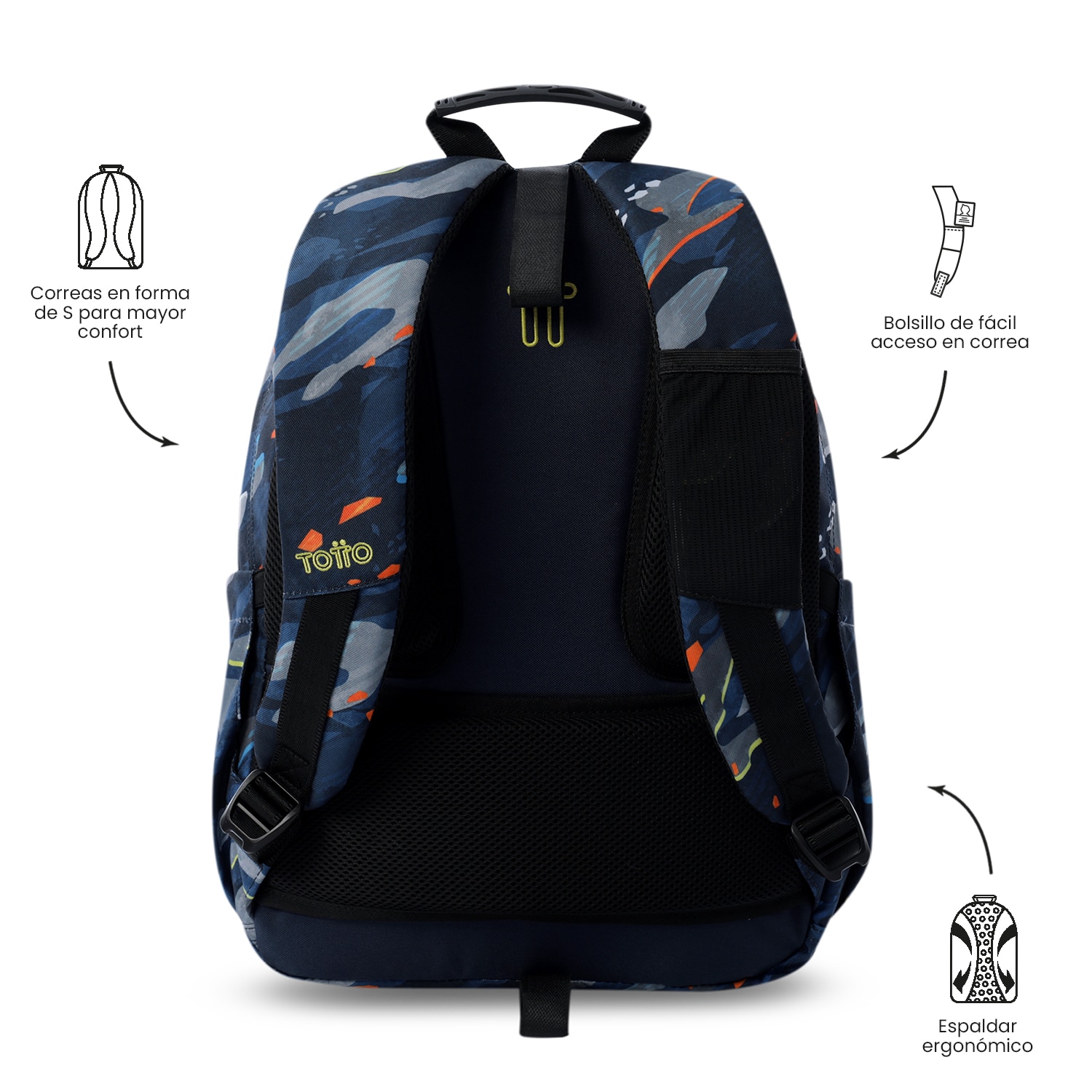 Mochila escolar totto acuareles groove para portátil de 14” y adaptable a carro Azul / Amarillo-4