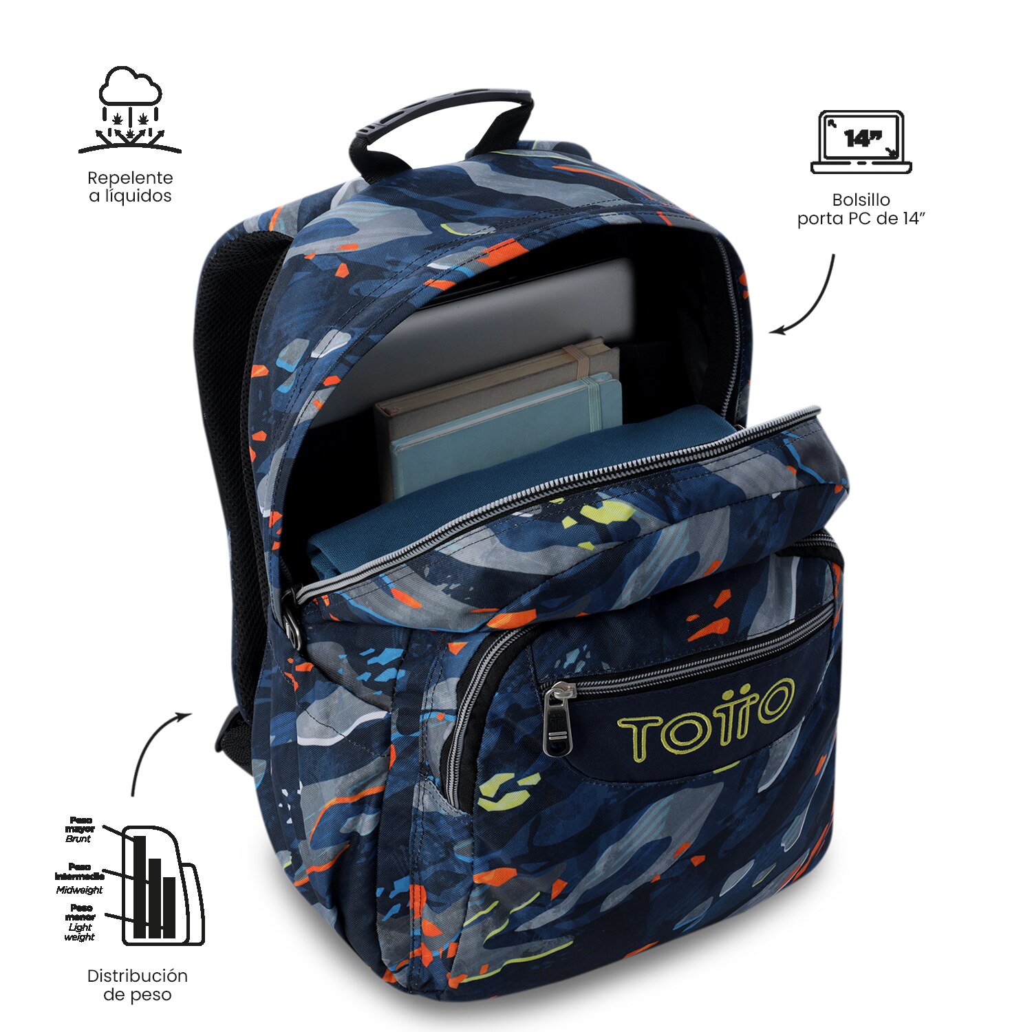 Mochila escolar totto acuareles groove para portátil de 14” y adaptable a carro Azul / Amarillo-5