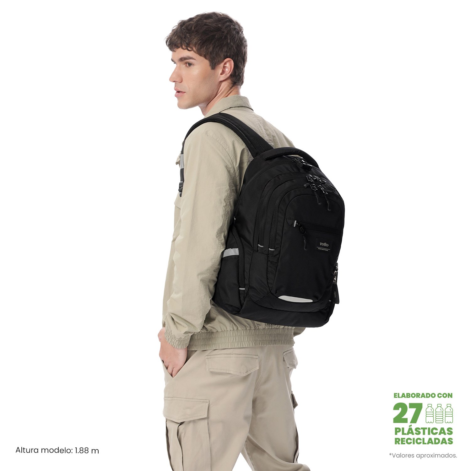Mochila Totto Eufrates grande, compartimento para portátil de 13'', medidas 28 x 43.5 x 16 cm y capacidad de 19.49L Negro-2