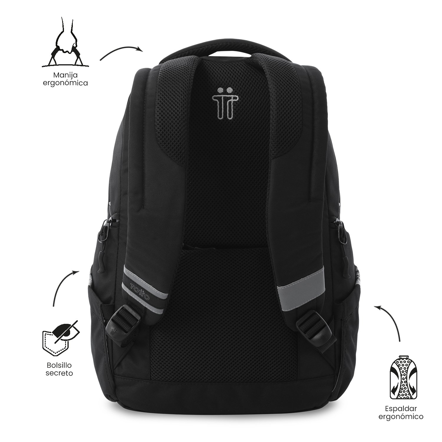 Mochila Totto Eufrates grande, compartimento para portátil de 13'', medidas 28 x 43.5 x 16 cm y capacidad de 19.49L Negro-4