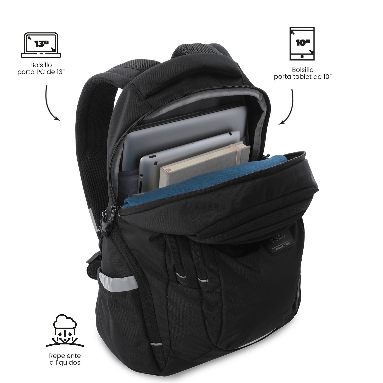 Mochila Totto Eufrates grande, compartimento para portátil de 13'', medidas 28 x 43.5 x 16 cm y capacidad de 19.49L Negro-5