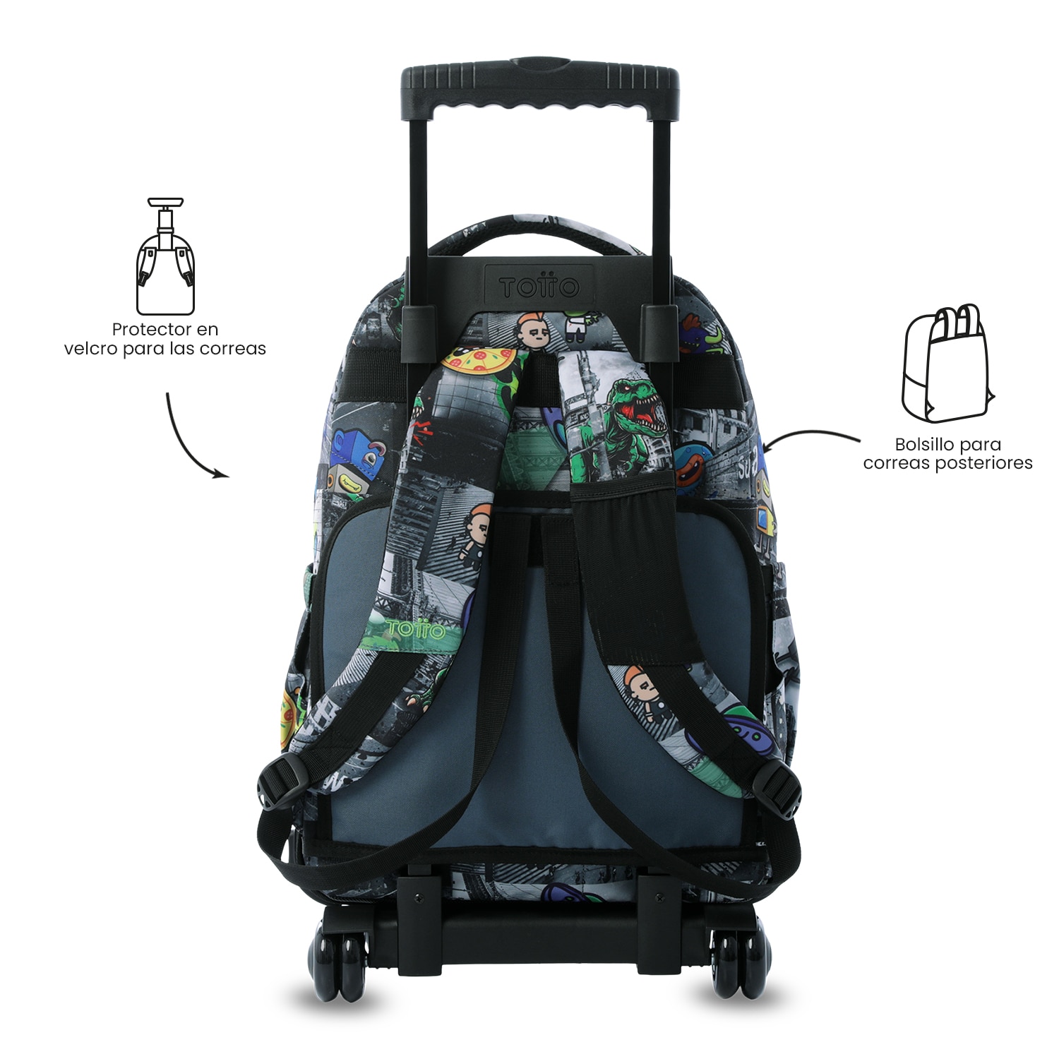 Imagen 3 de Mochila escolar ruedas totto renglones rolly para portátil de 15.4” y capacidad de 26l Negro