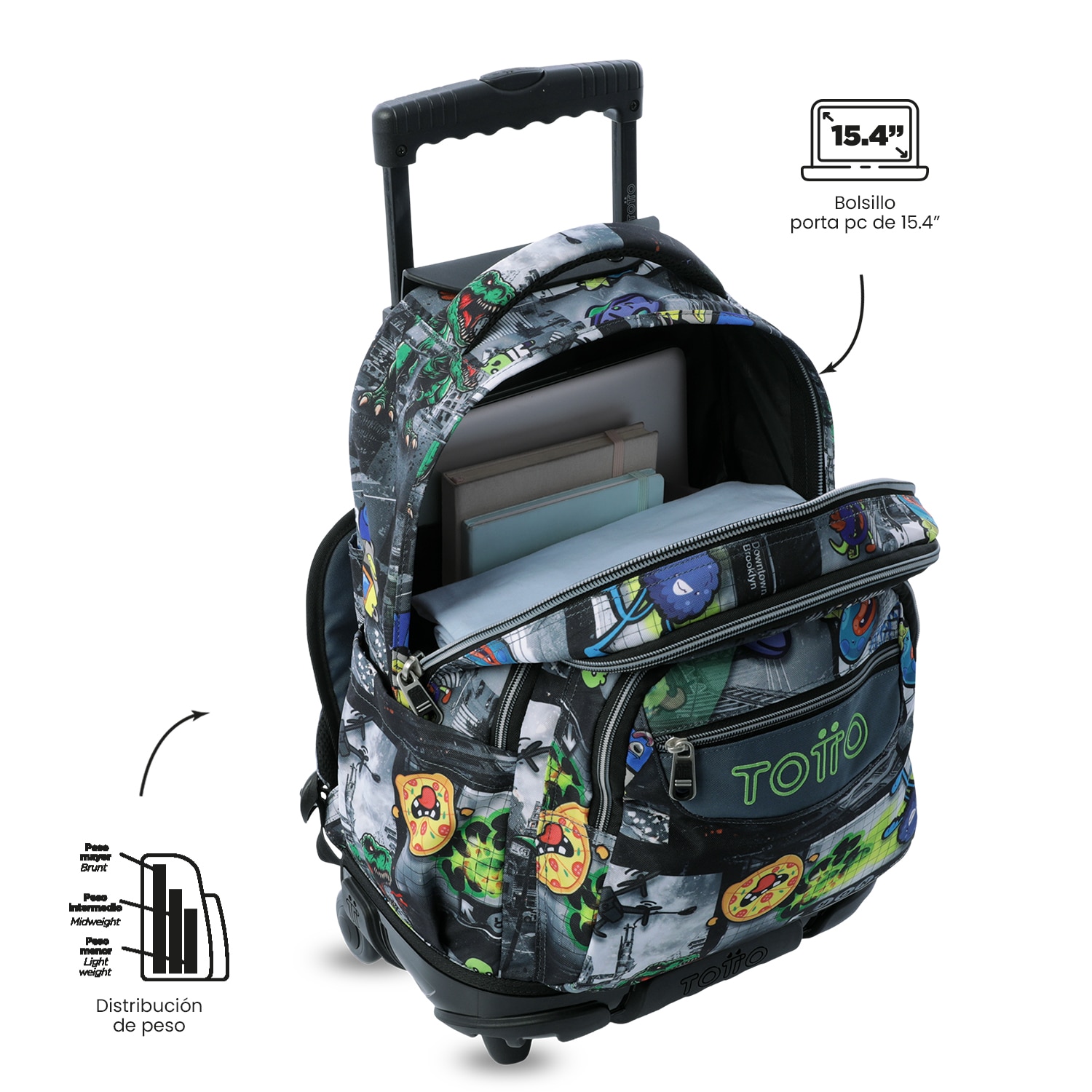 Imagen 5 de Mochila escolar ruedas totto renglones rolly para portátil de 15.4” y capacidad de 26l Negro