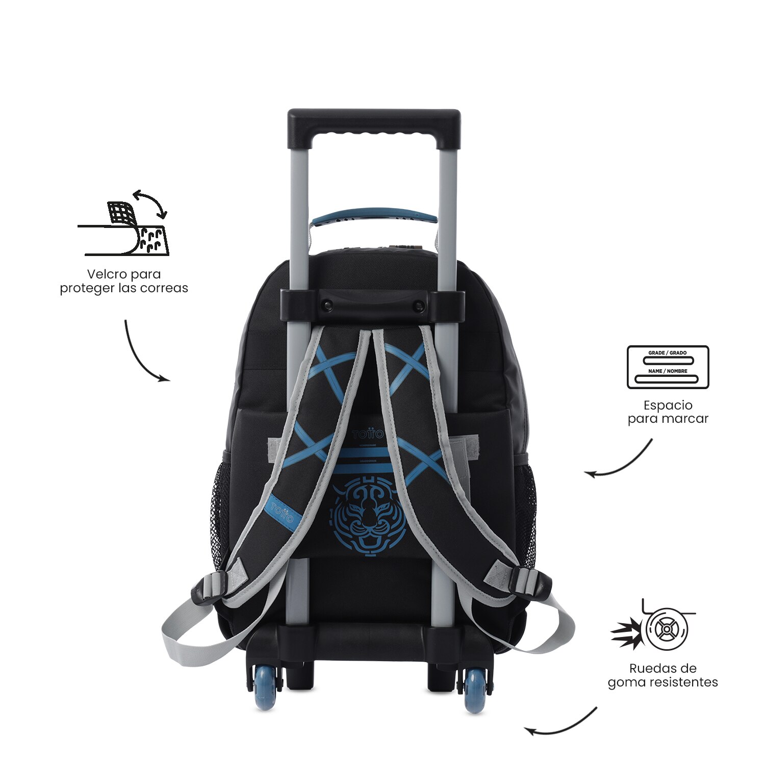 Mochila infantil ruedas totto hanzo con bolsillos laterales y capacidad de 23.26l Negro-4