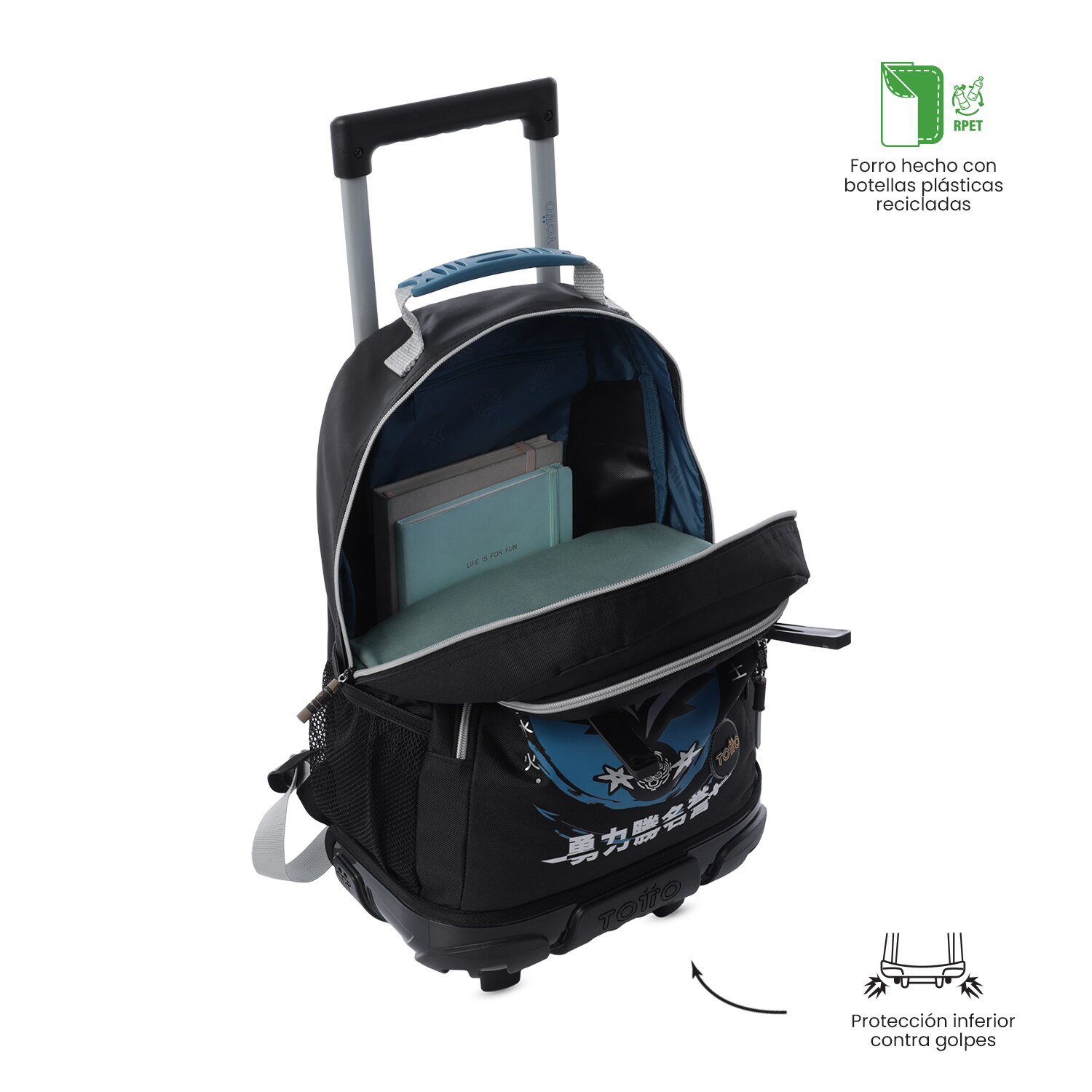 Mochila infantil ruedas totto hanzo con bolsillos laterales y capacidad de 23.26l Negro-5