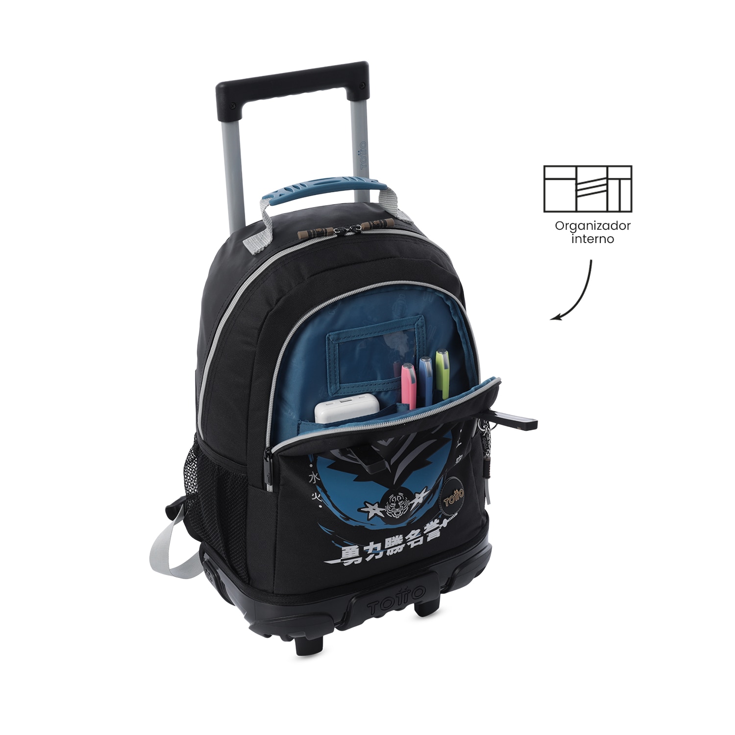 Mochila infantil ruedas totto hanzo con bolsillos laterales y capacidad de 23.26l Negro-6