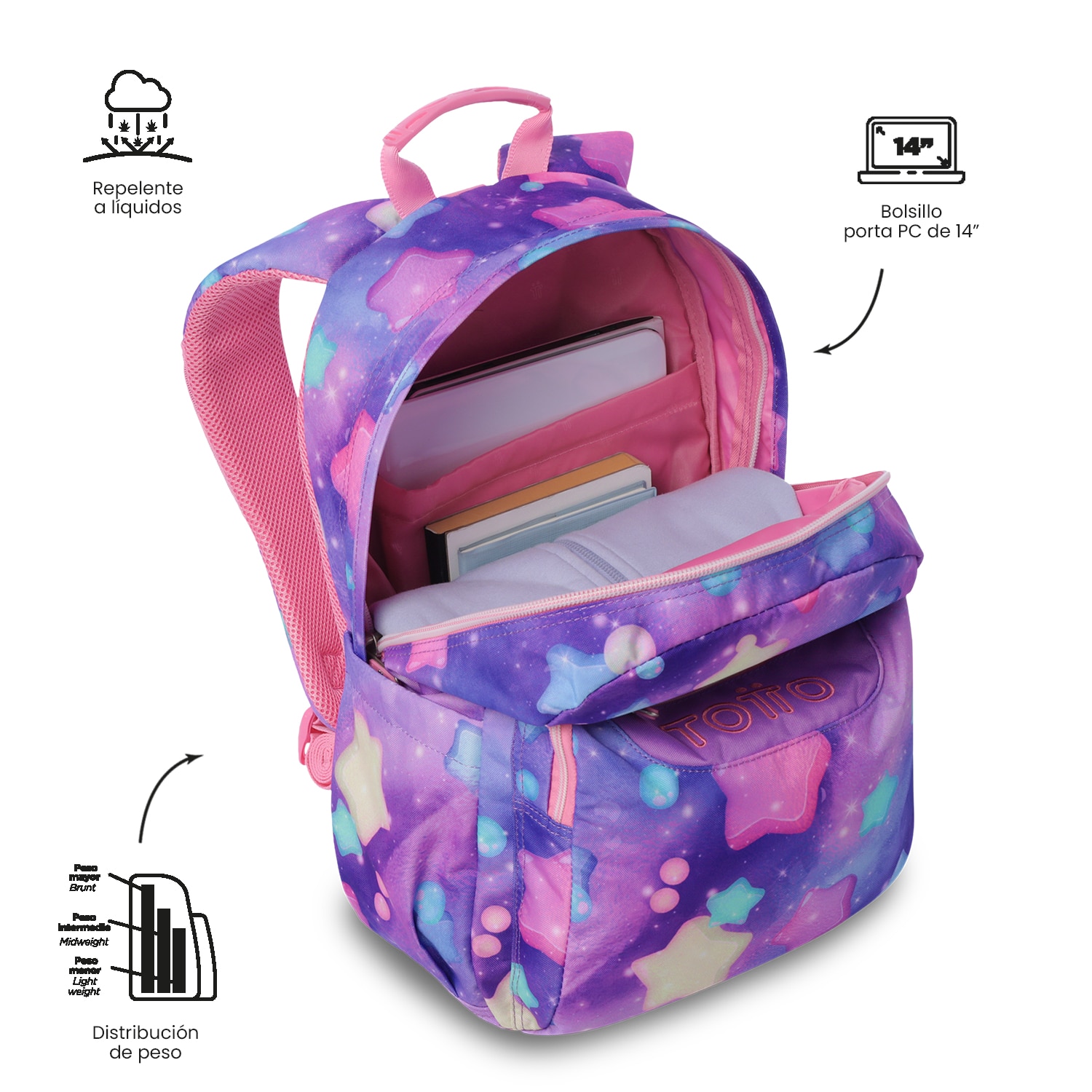 Mochila escolar Totto Acuareles Rosa-6