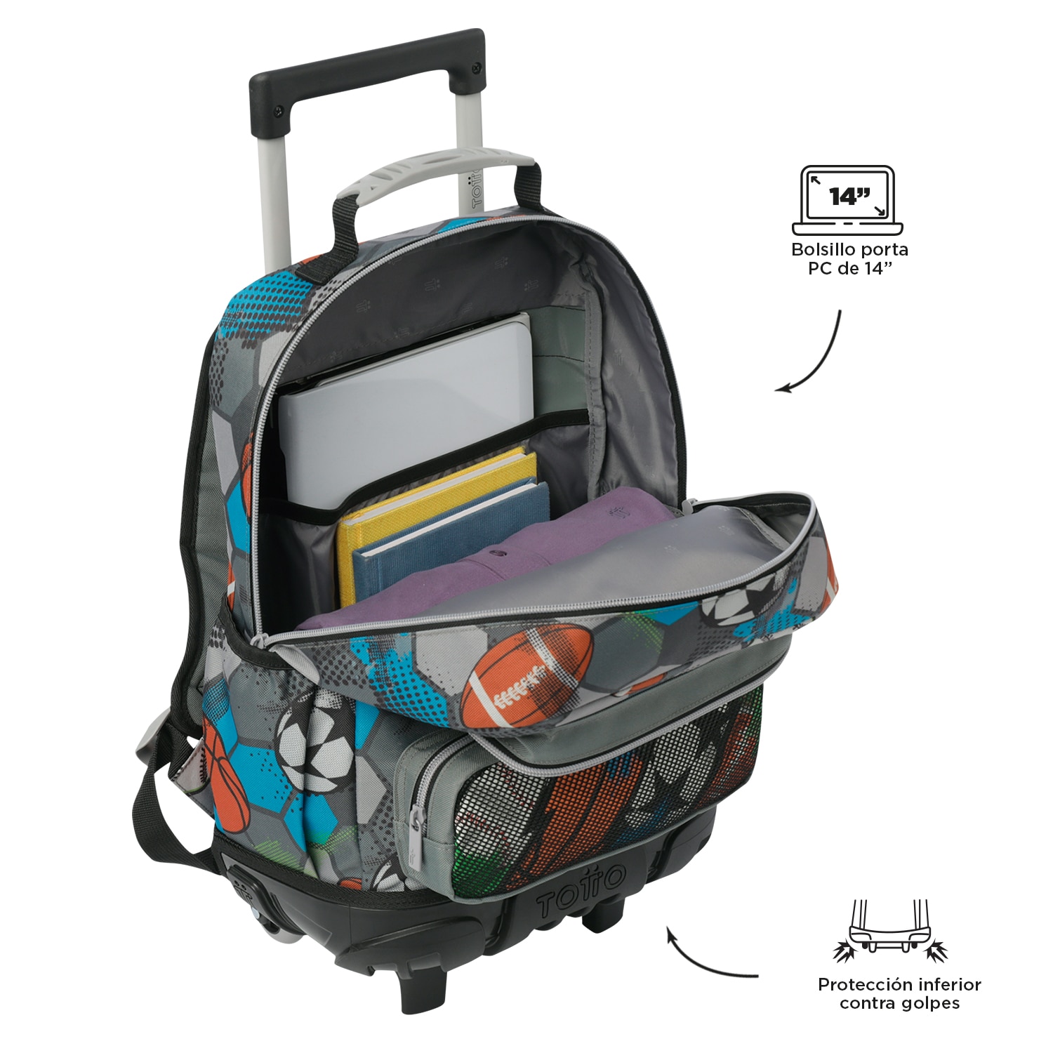 Mochila infantil ruedas totto multisport con bolsillos laterales y bolsillo frontal Multicolor-5