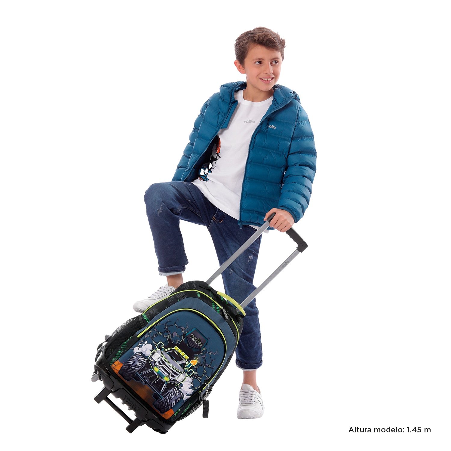 Mochila infantil de ruedas totto monster race con bolsillos laterales y bolsillo frontal Azul / Gris-2