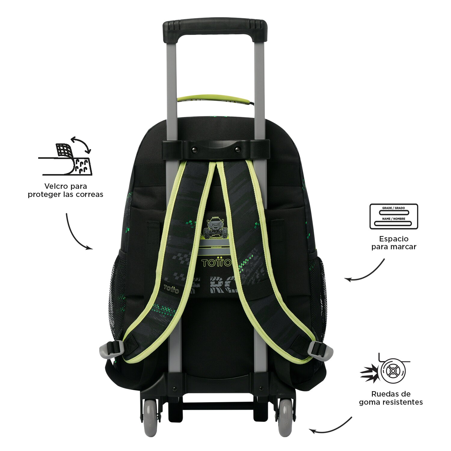 Mochila infantil de ruedas totto monster race con bolsillos laterales y bolsillo frontal Azul / Gris-4