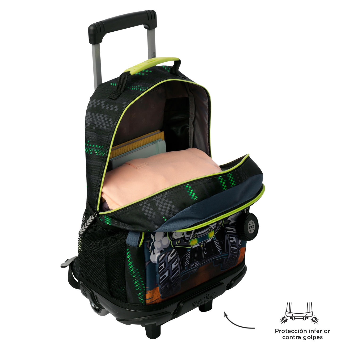 Mochila infantil de ruedas totto monster race con bolsillos laterales y bolsillo frontal Azul / Gris-5