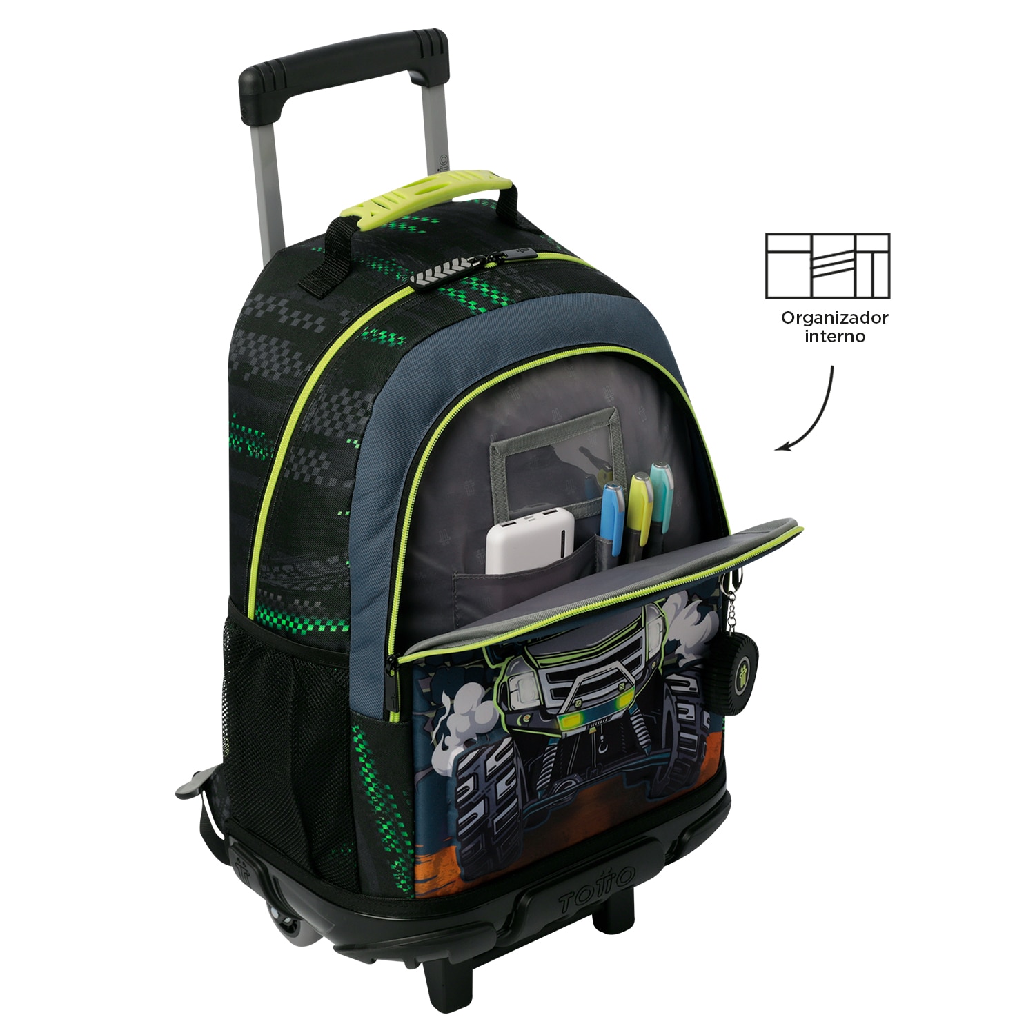 Mochila infantil de ruedas totto monster race con bolsillos laterales y bolsillo frontal Azul / Gris-6