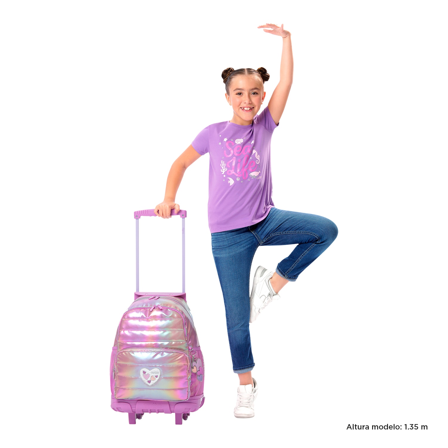 Mochila infantil ruedas totto glowy con bolsillos laterales y bolsillo frontal Rosa-2