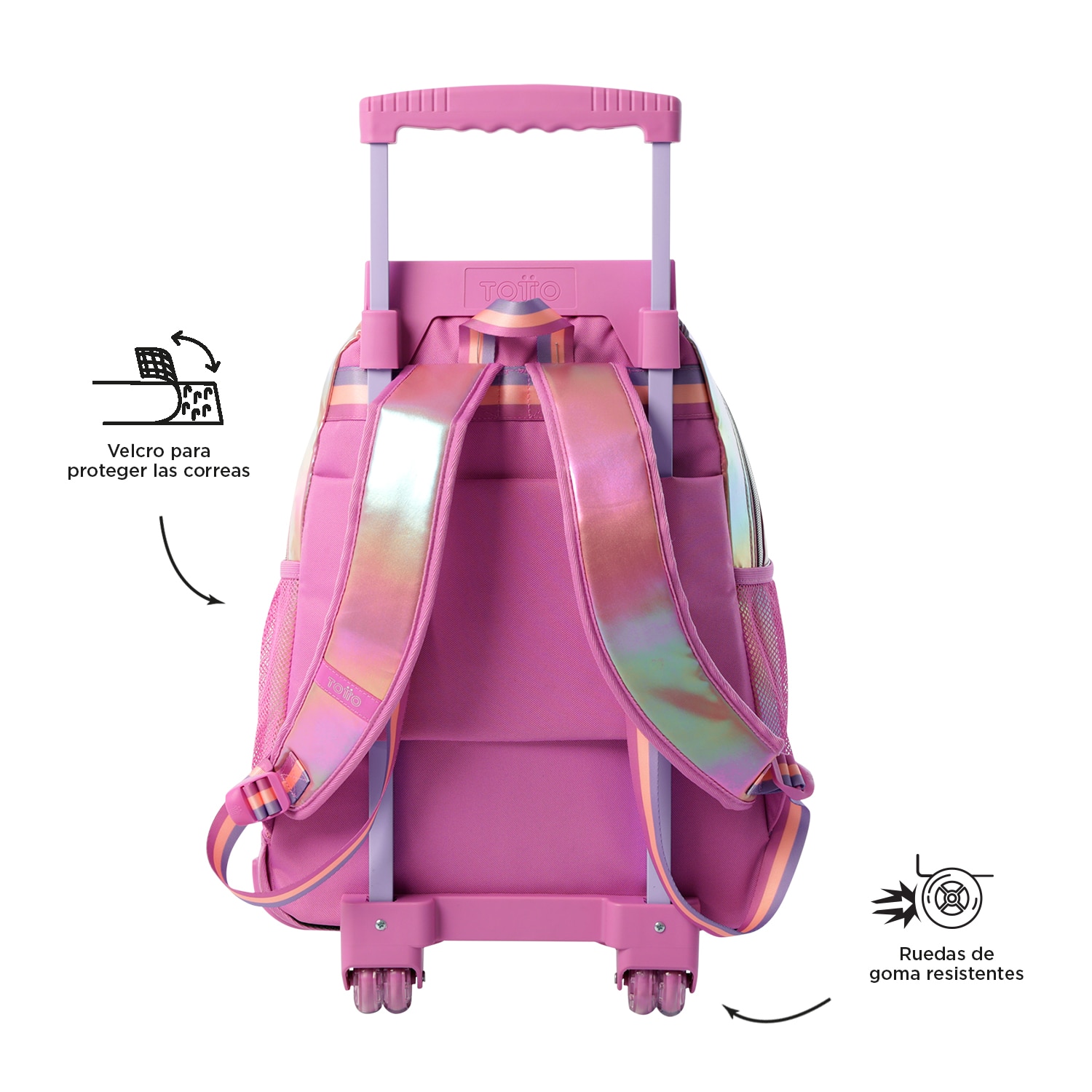 Mochila infantil ruedas totto glowy con bolsillos laterales y bolsillo frontal Rosa-4