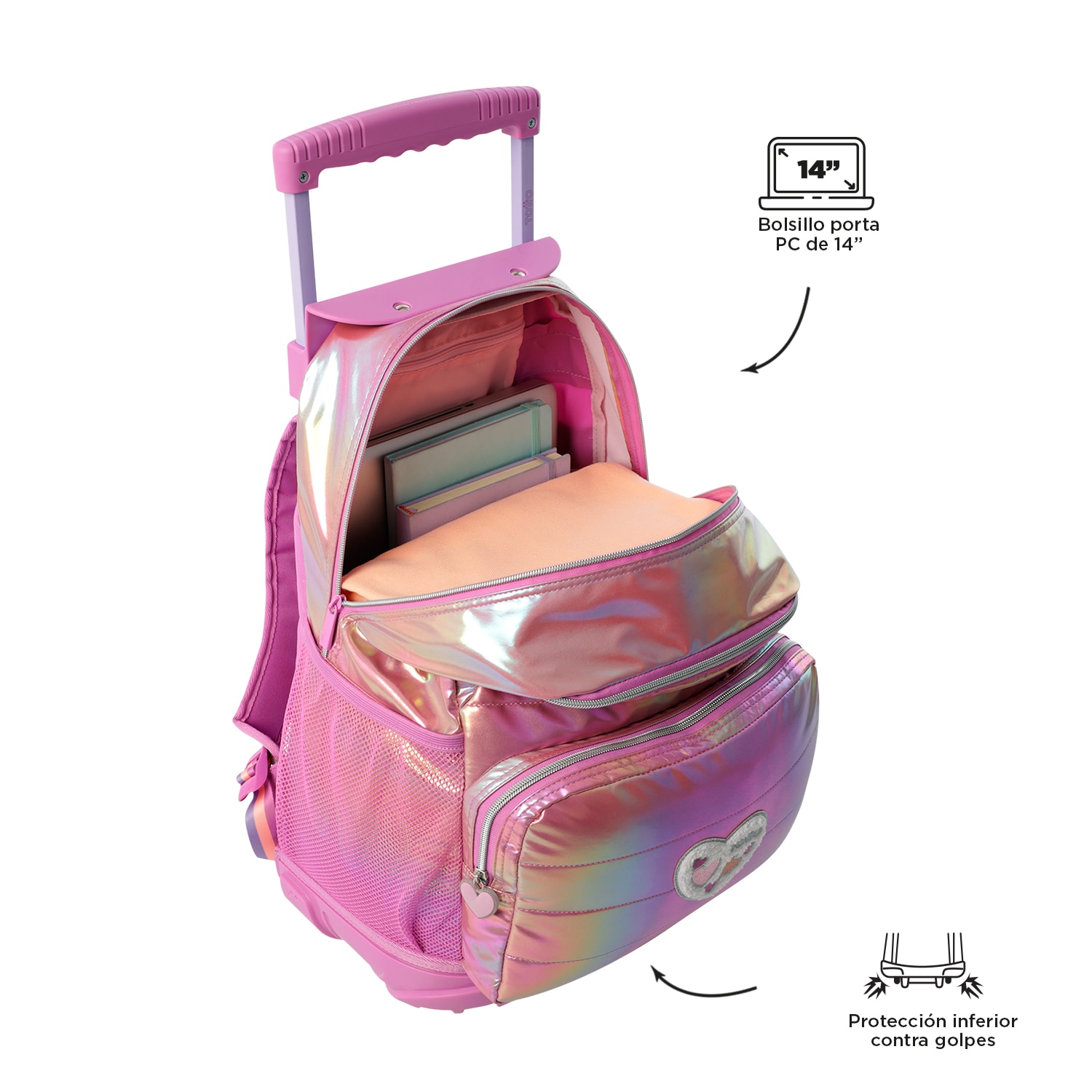 Mochila infantil ruedas totto glowy con bolsillos laterales y bolsillo frontal Rosa-5