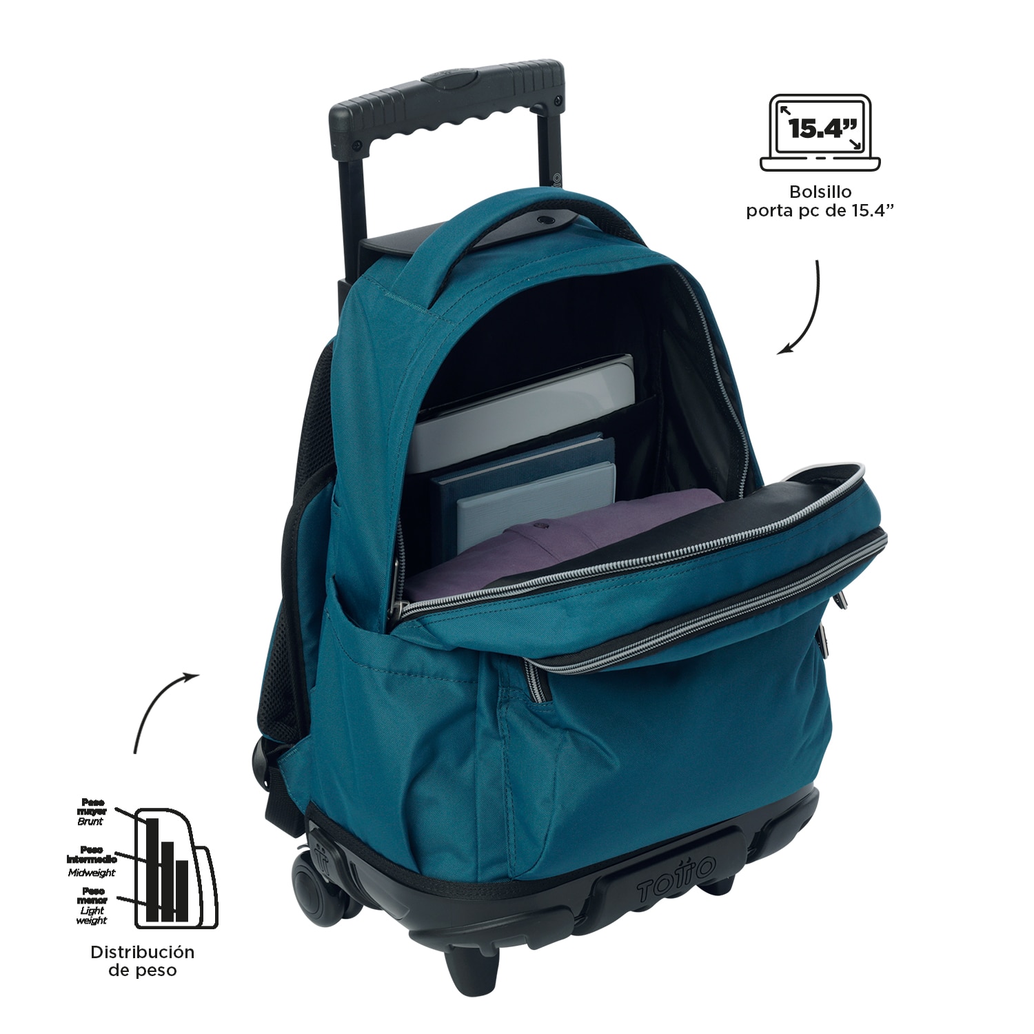 Mochila escolar ruedas totto renglones moroccan blue para portátil de 15.4” y capacidad de 26l Azul Océano-6