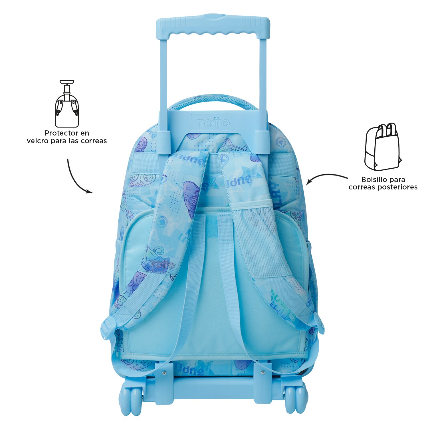Mochila escolar ruedas totto renglones polar para portátil de 15.4” y capacidad de 26l Azul celeste-4