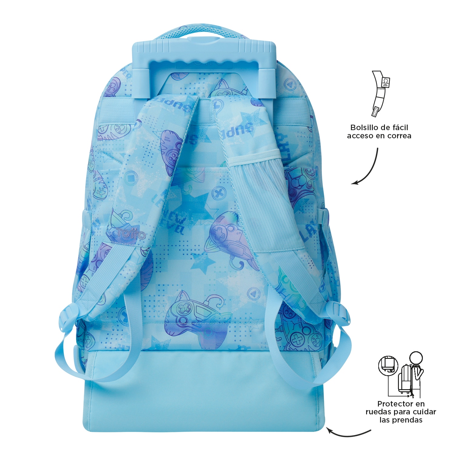 Mochila escolar ruedas totto renglones polar para portátil de 15.4” y capacidad de 26l Azul celeste-5