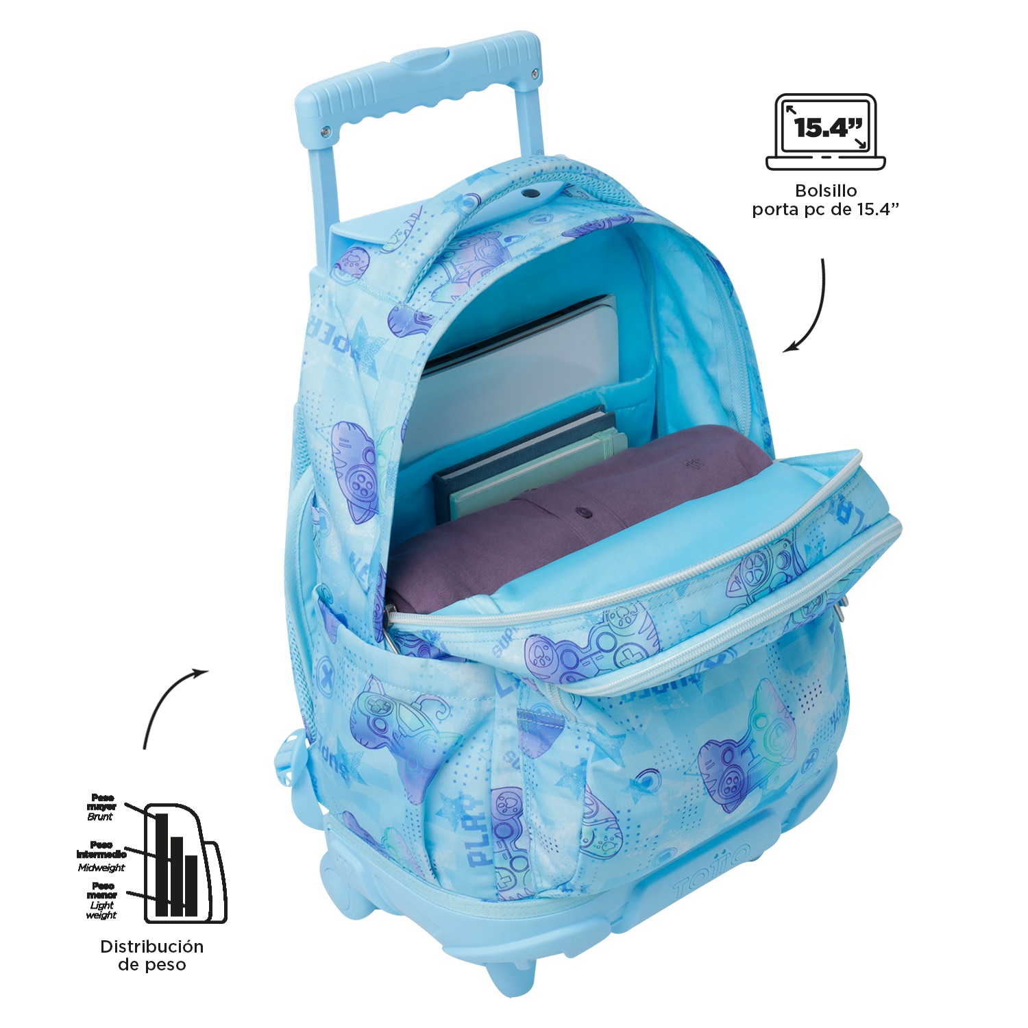 Mochila escolar ruedas totto renglones polar para portátil de 15.4” y capacidad de 26l Azul celeste-6
