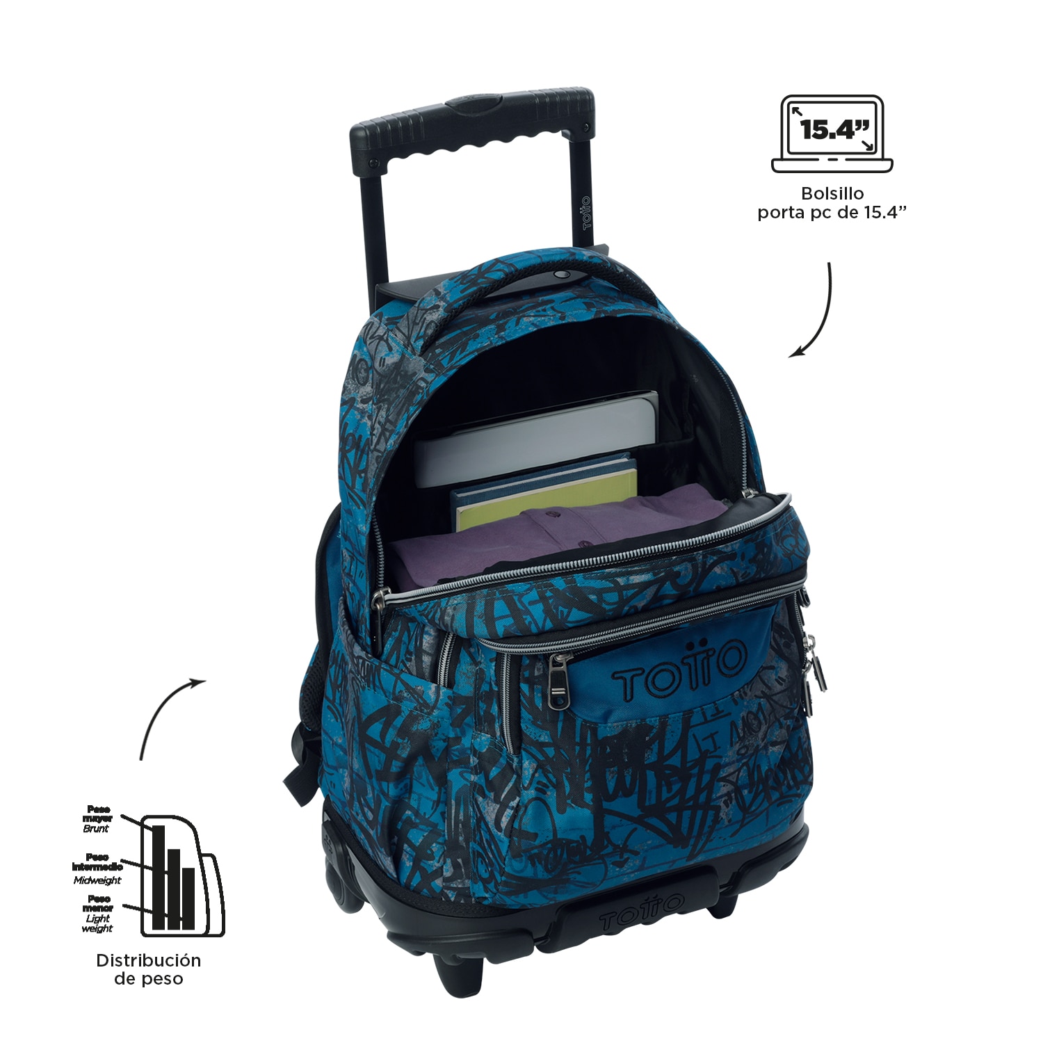 Mochila escolar ruedas totto renglones urban graph para portátil de 15.4” y capacidad de 26l Azul-6