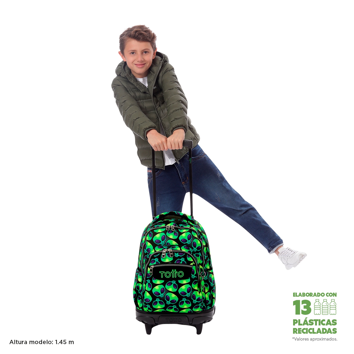 Mochila escolar ruedas totto renglones ali para portátil de 15.4” y capacidad de 26l Verde neón-2