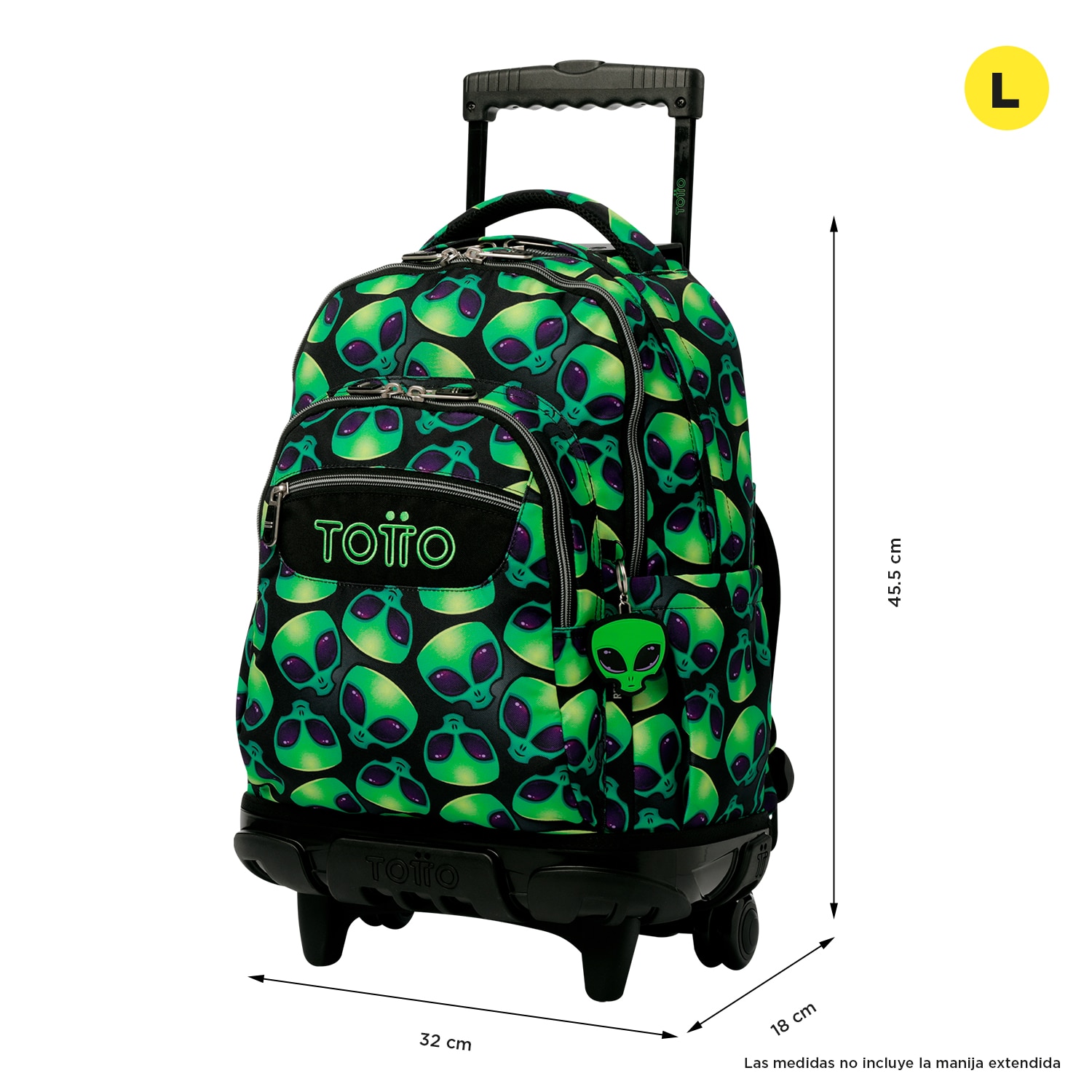 Mochila escolar ruedas totto renglones ali para portátil de 15.4” y capacidad de 26l Verde neón-3