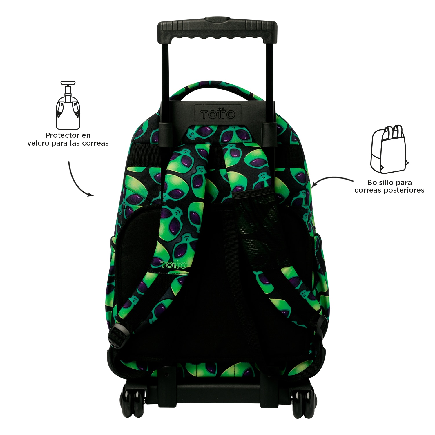 Mochila escolar ruedas totto renglones ali para portátil de 15.4” y capacidad de 26l Verde neón-4
