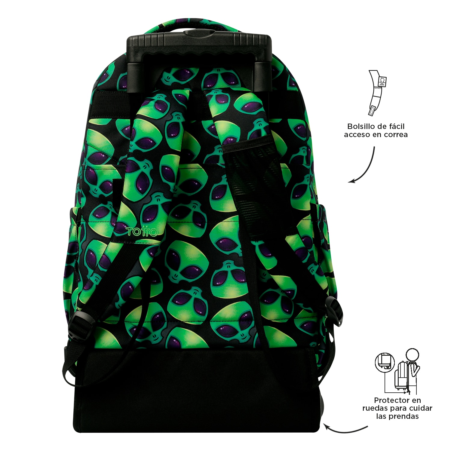 Mochila escolar ruedas totto renglones ali para portátil de 15.4” y capacidad de 26l Verde neón-5