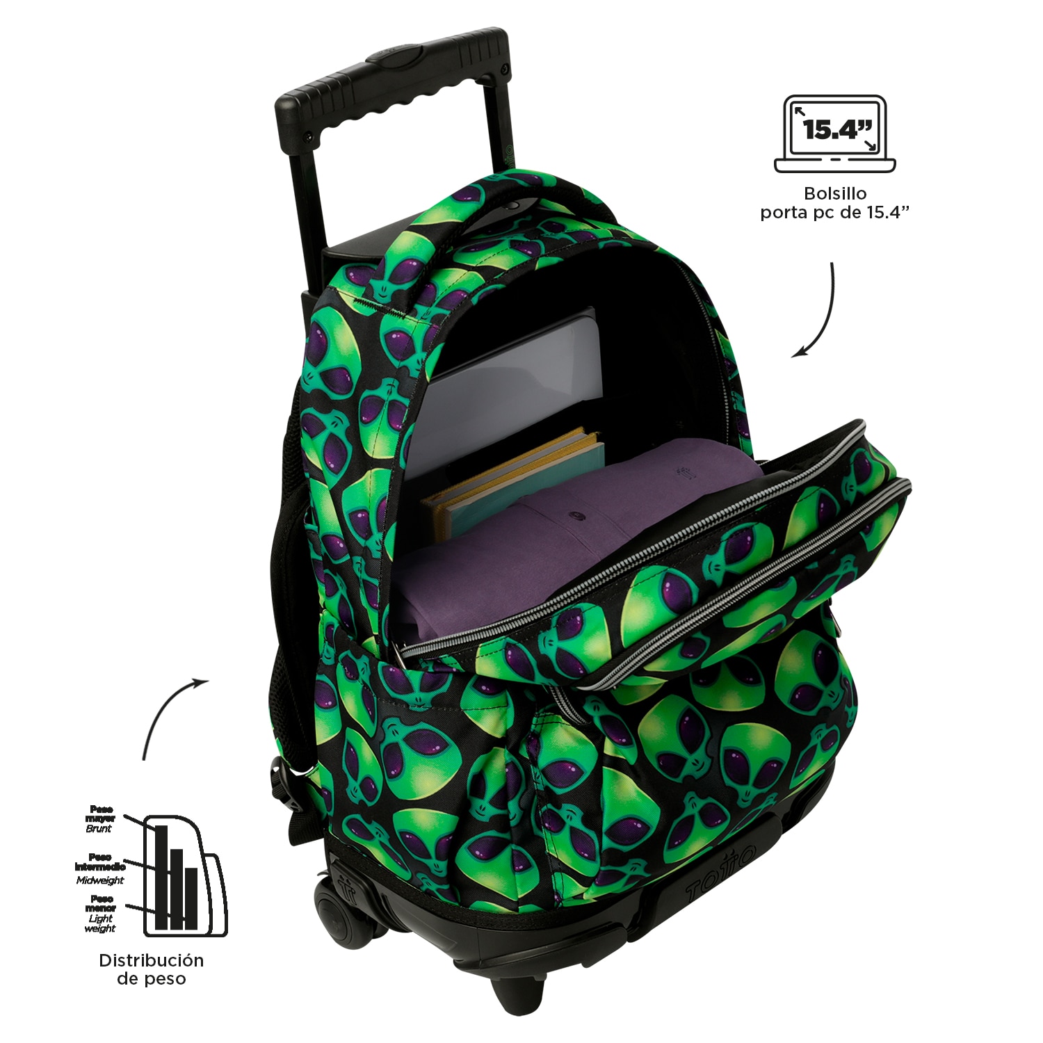 Mochila escolar ruedas totto renglones ali para portátil de 15.4” y capacidad de 26l Verde neón-6