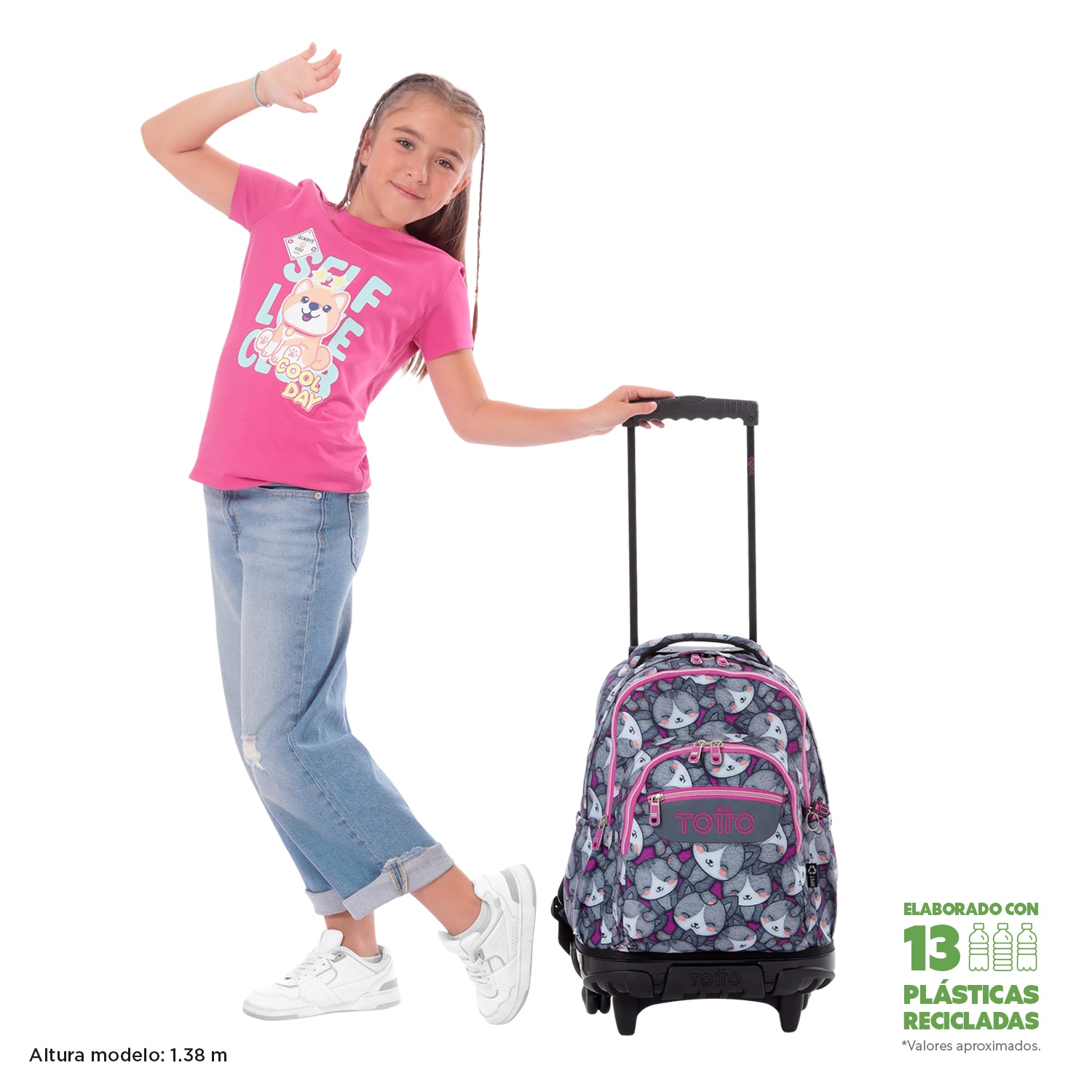 Mochila escolar ruedas totto renglones kitten rose para portátil de 15.4” y capacidad de 26l Gris / Rosa-2
