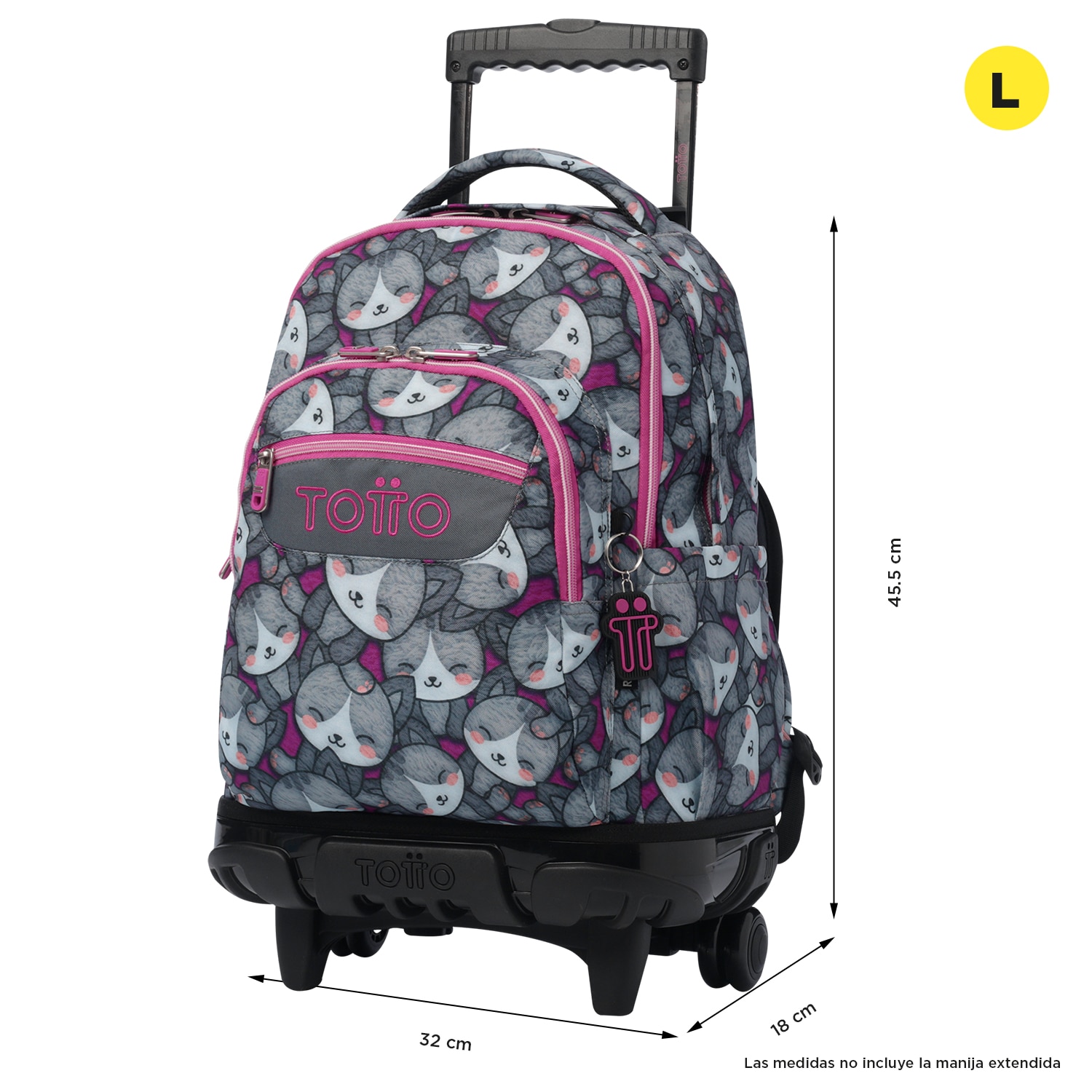 Mochila escolar ruedas totto renglones kitten rose para portátil de 15.4” y capacidad de 26l Gris / Rosa-3