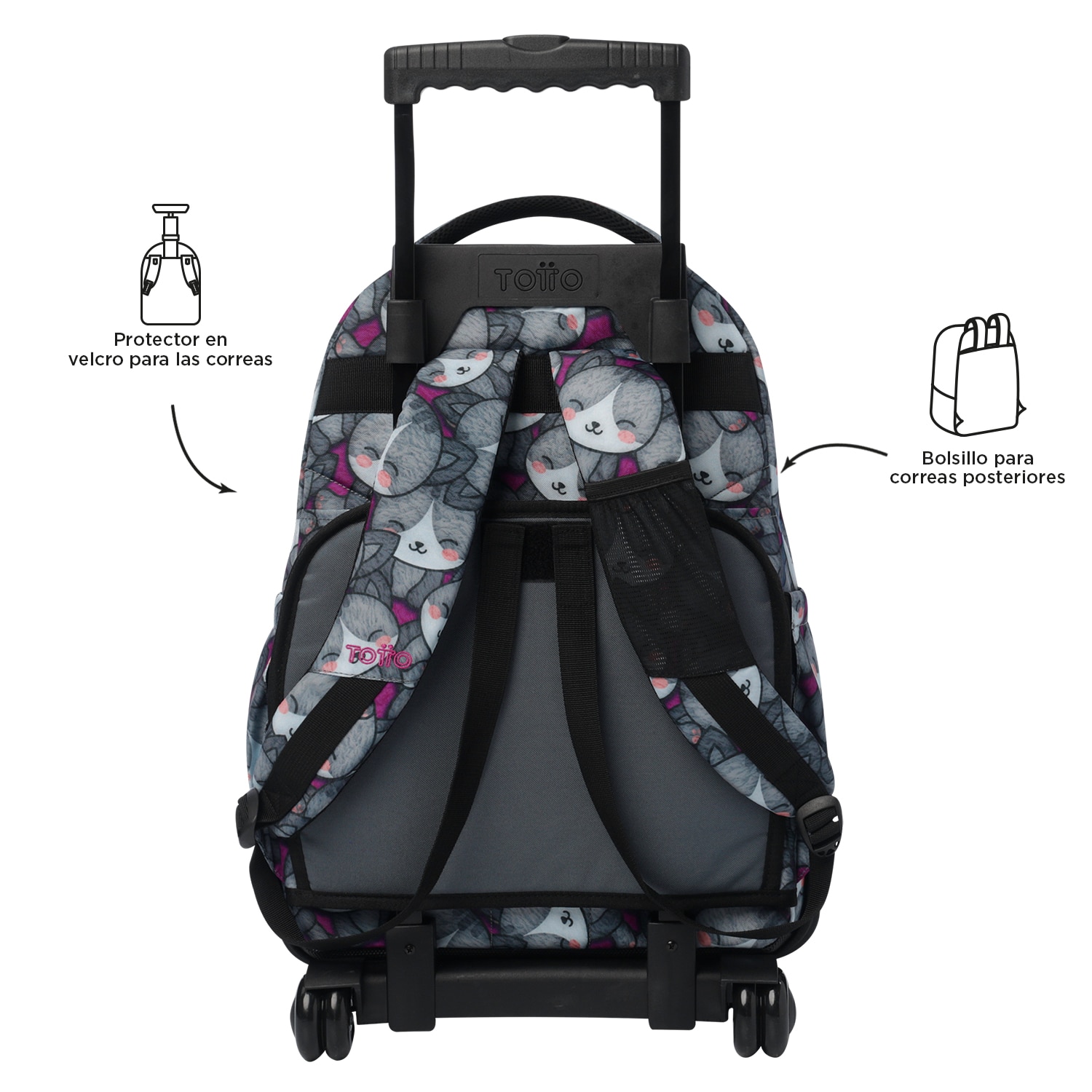 Mochila escolar ruedas totto renglones kitten rose para portátil de 15.4” y capacidad de 26l Gris / Rosa-4