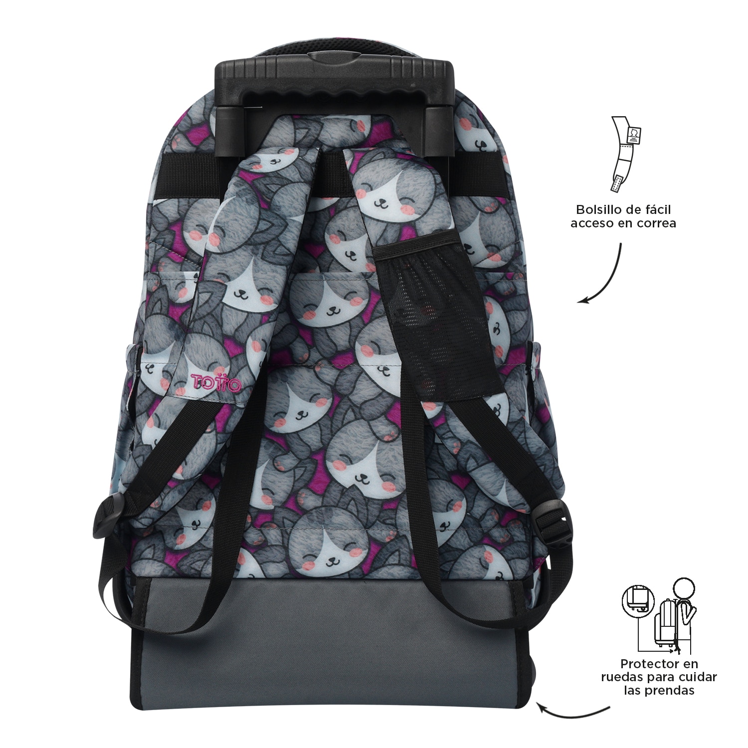 Mochila escolar ruedas totto renglones kitten rose para portátil de 15.4” y capacidad de 26l Gris / Rosa-5