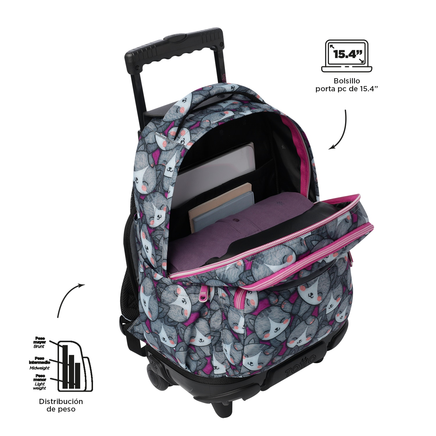 Mochila escolar ruedas totto renglones kitten rose para portátil de 15.4” y capacidad de 26l Gris / Rosa-6
