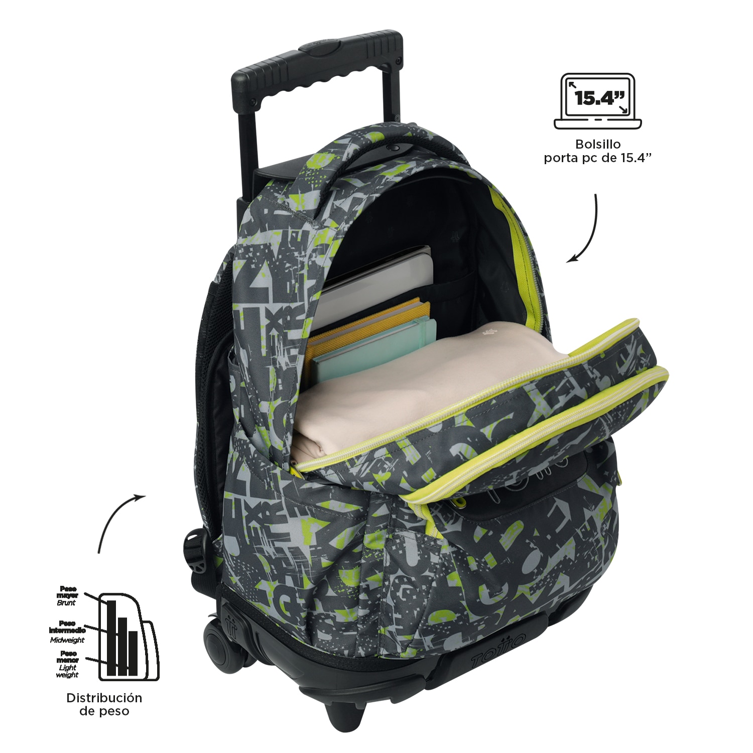 Mochila escolar ruedas totto renglones texgrunge para portátil de 15.4” y capacidad de 26l Gris oscuro-6