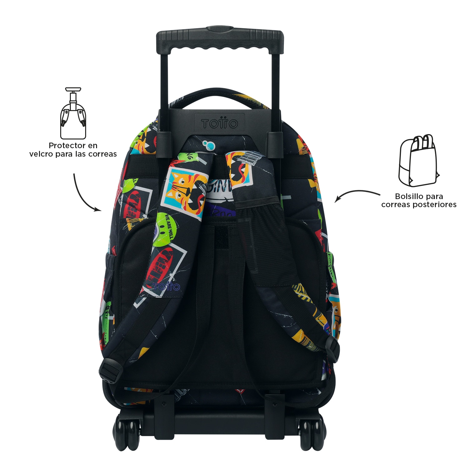 Mochila escolar ruedas totto renglones sticky para portátil de 15.4” y capacidad de 26l Negro-4