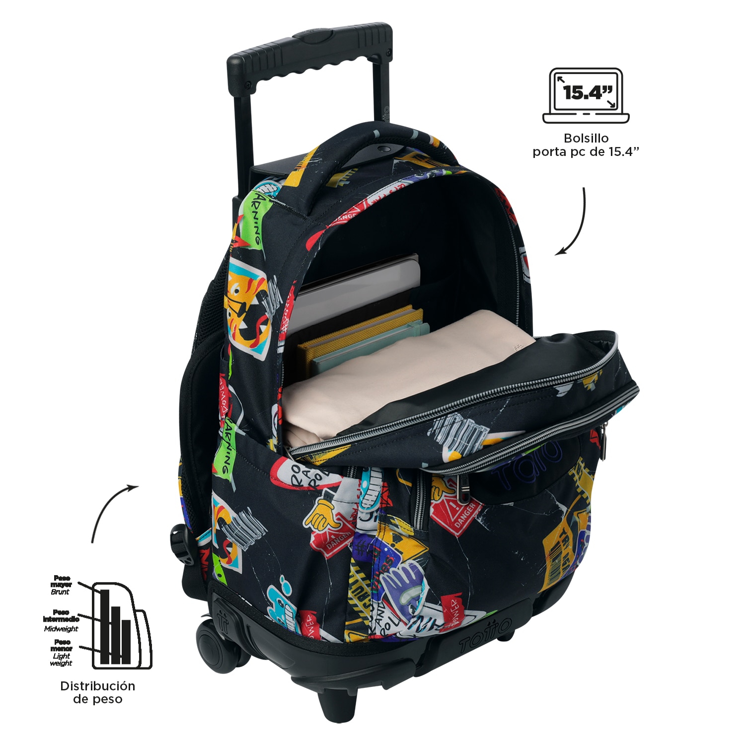 Mochila escolar ruedas totto renglones sticky para portátil de 15.4” y capacidad de 26l Negro-6