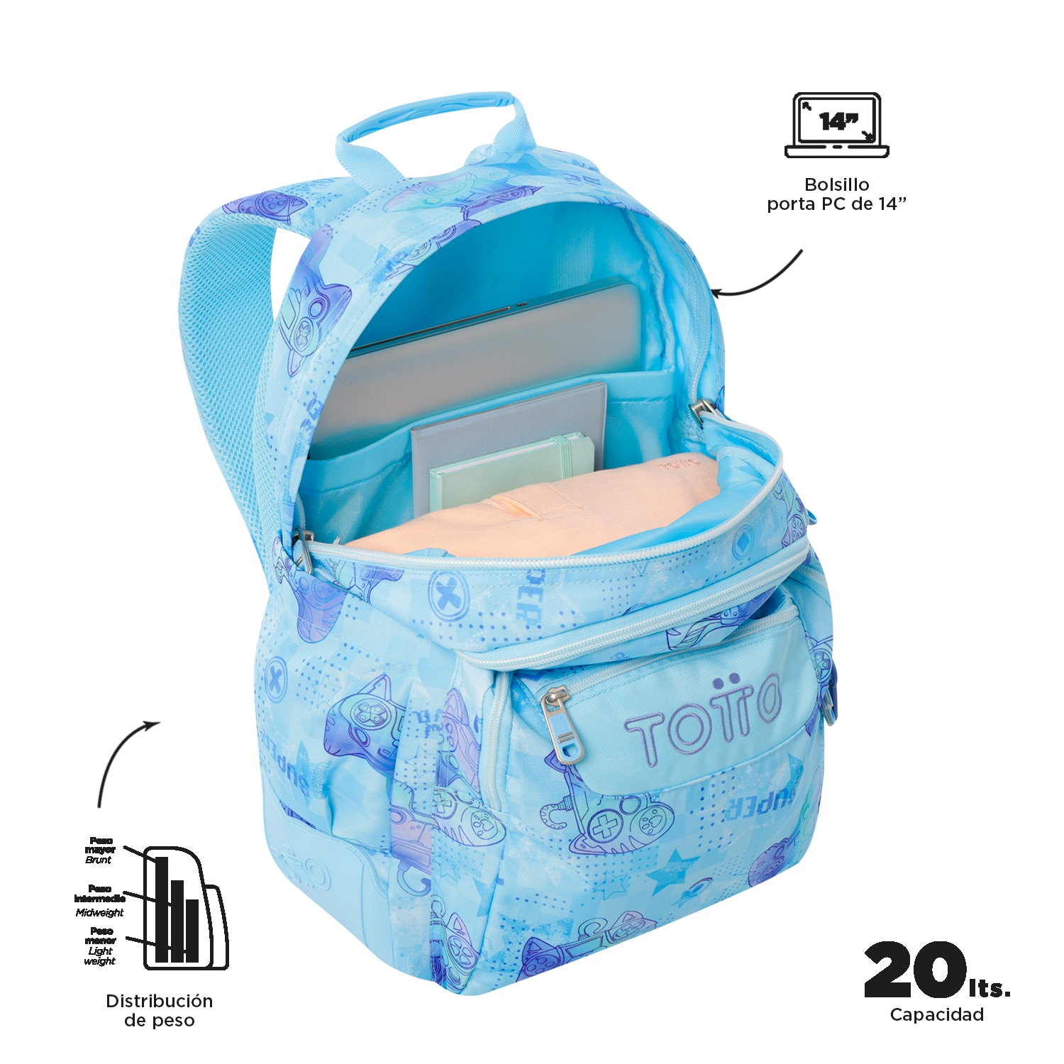 Imagen 5 de Mochila escolar totto rayol k-pop para portátil de 14” y capacidad 19l Azul celeste