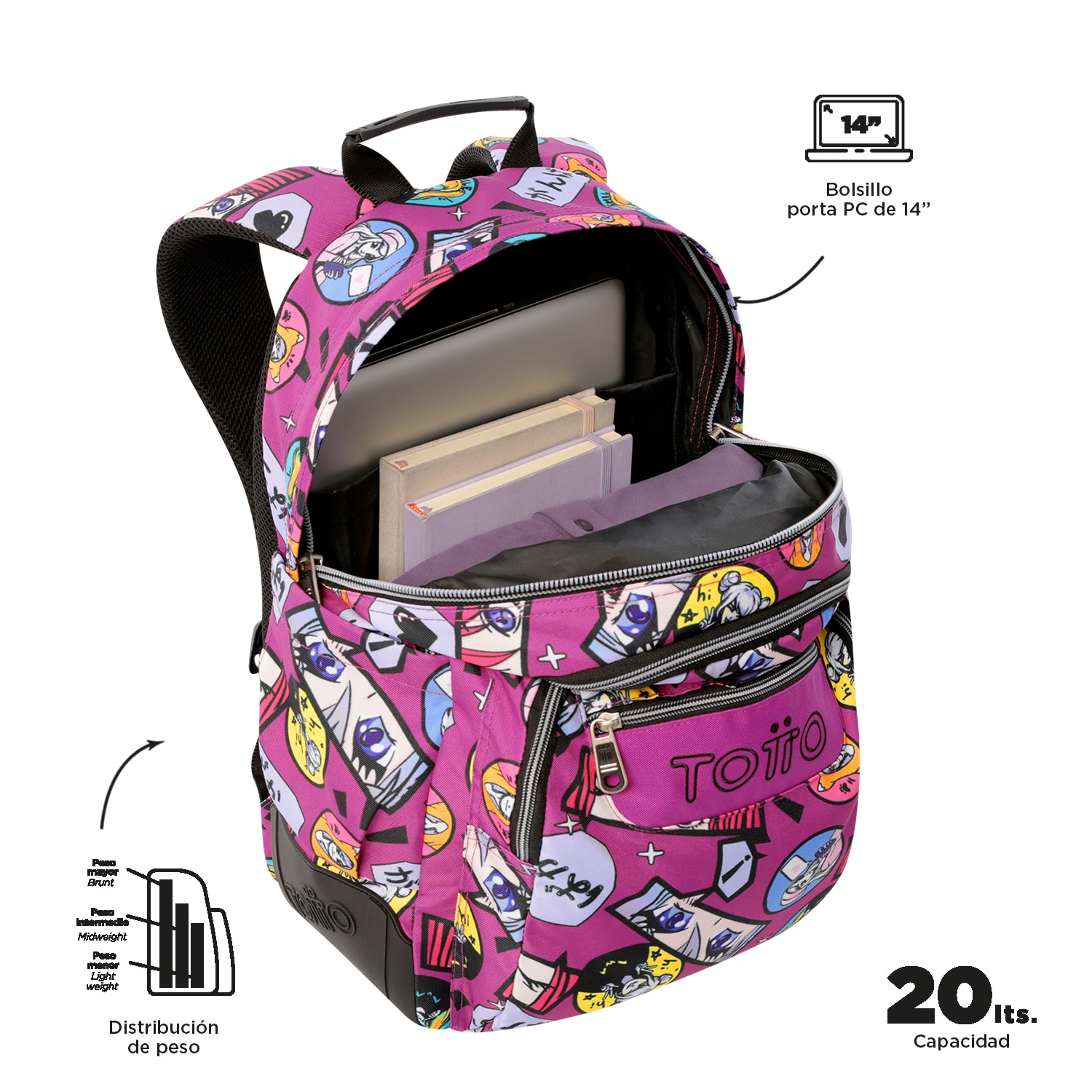 Mochila escolar totto rayol k-pop para portátil de 14” y capacidad 19l Morado-4