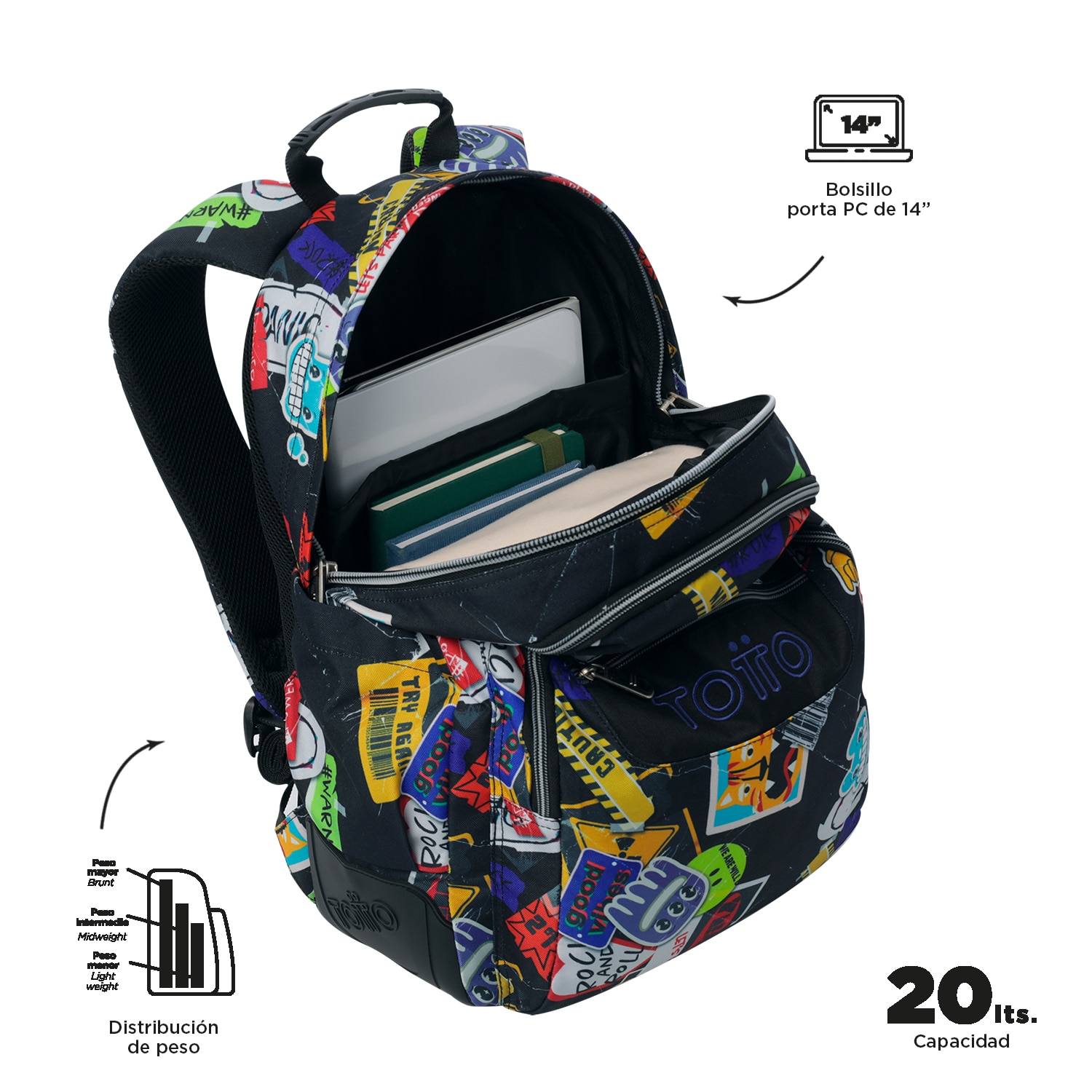 Mochila escolar totto rayol k-pop para portátil de 14” y capacidad 19l Negro-4